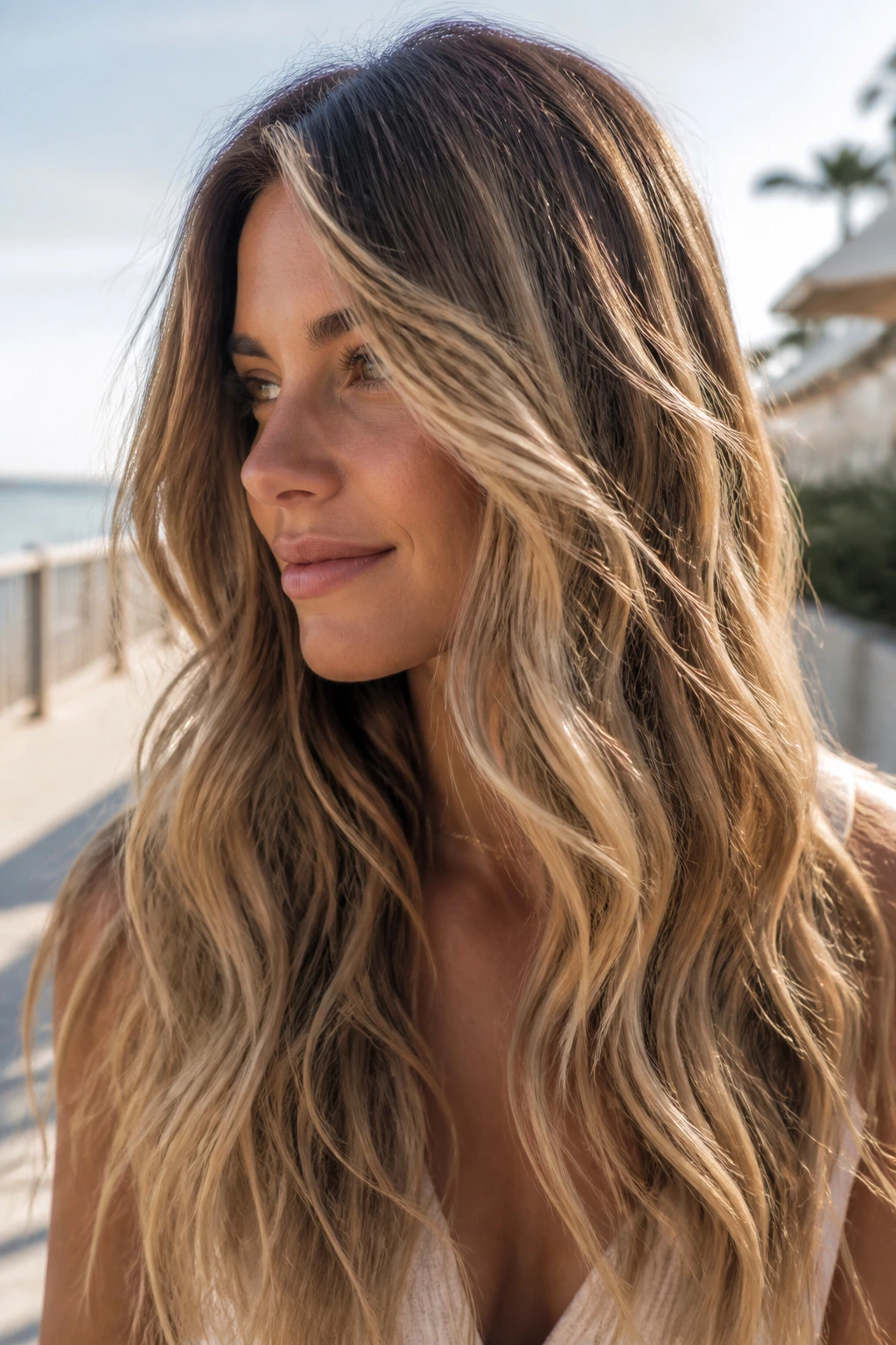 Golden beach balayage on long waves in sunlit outdoor setting