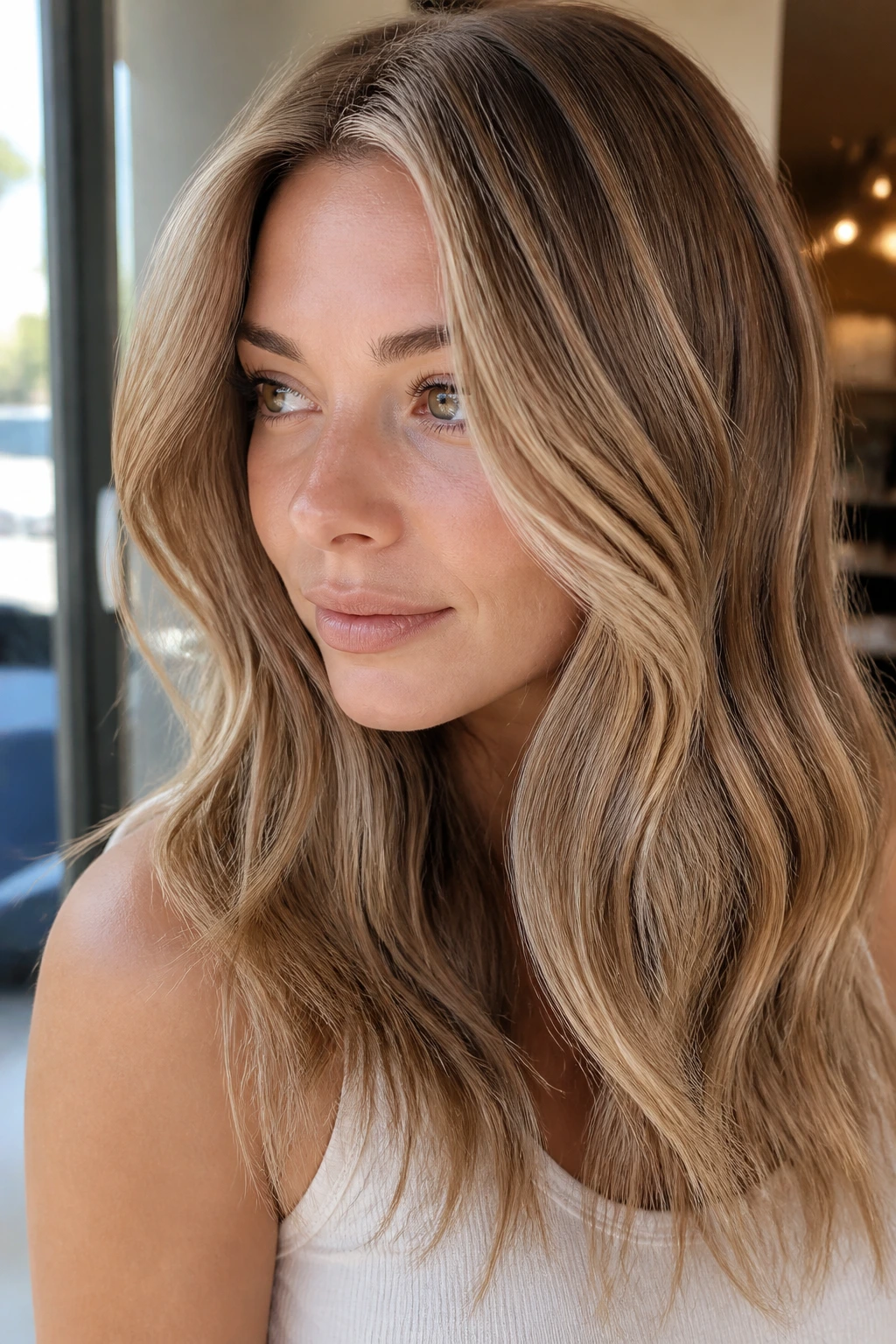 Close-up portrait of a real woman with golden beige babylights hair
