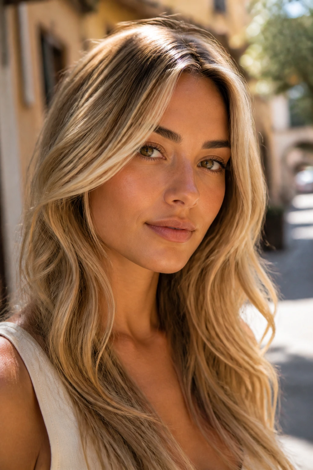 Close-up of a real person with golden beige blonde hair in natural sun