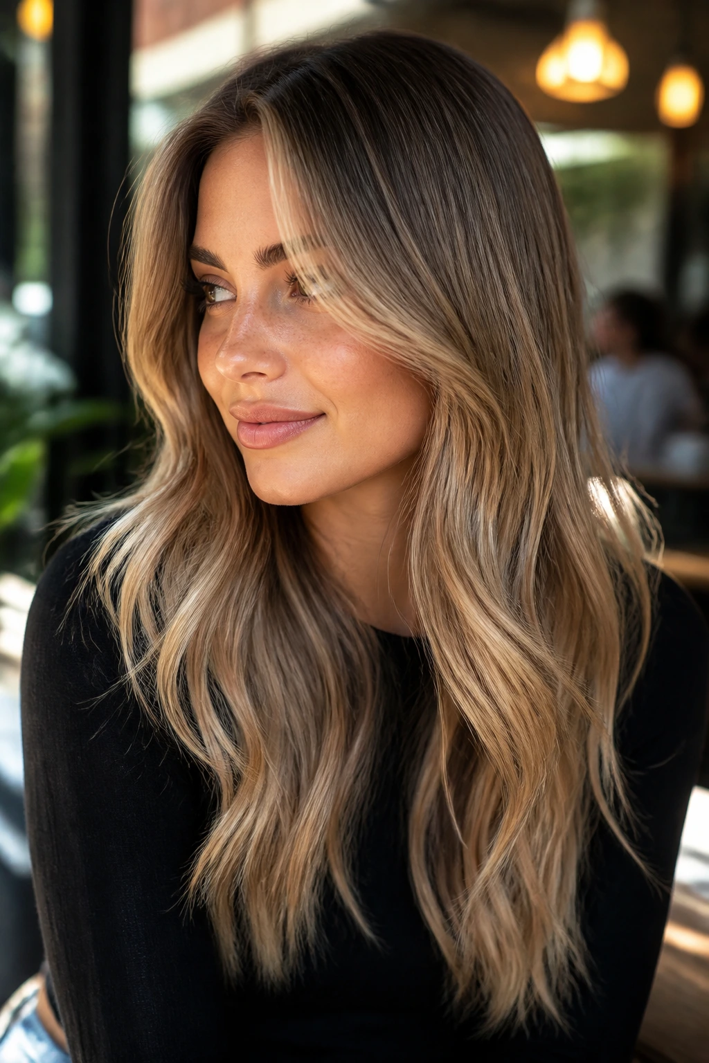 Close-up of a real woman with golden beige bronde hair