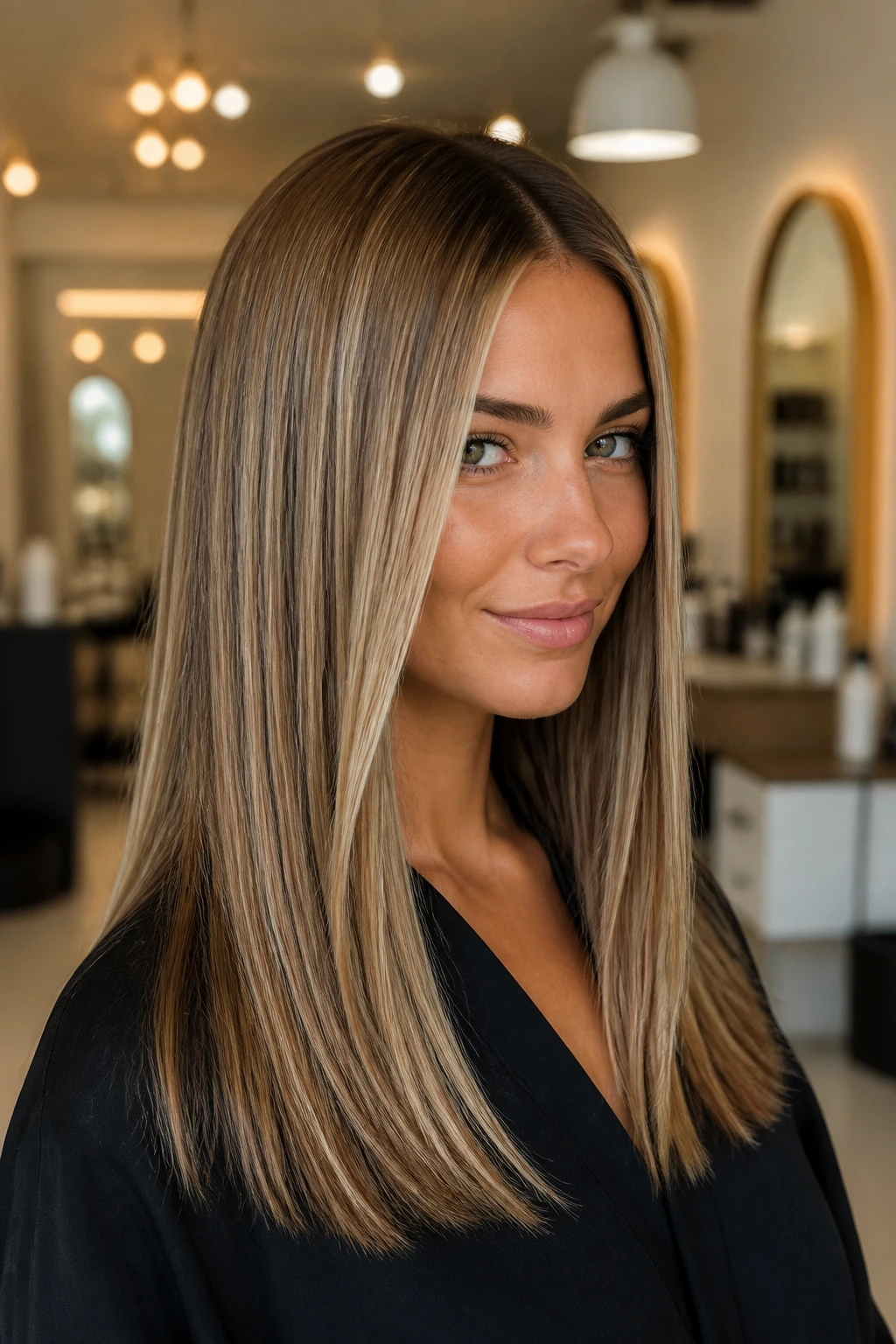 Portrait of a real woman with golden beige bronde on straight hair in a bright salon