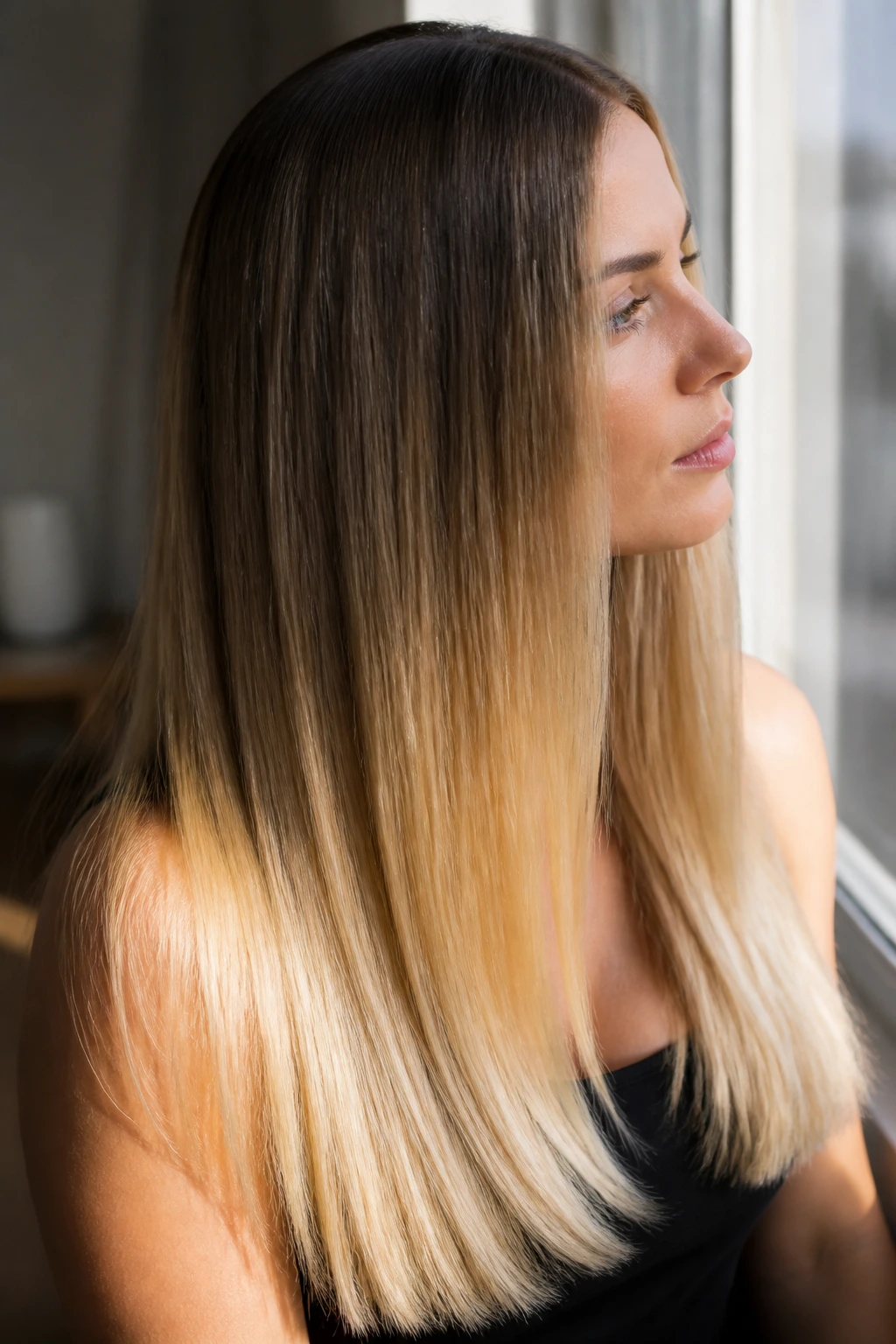 Real person with golden beige ombré on long straight hair