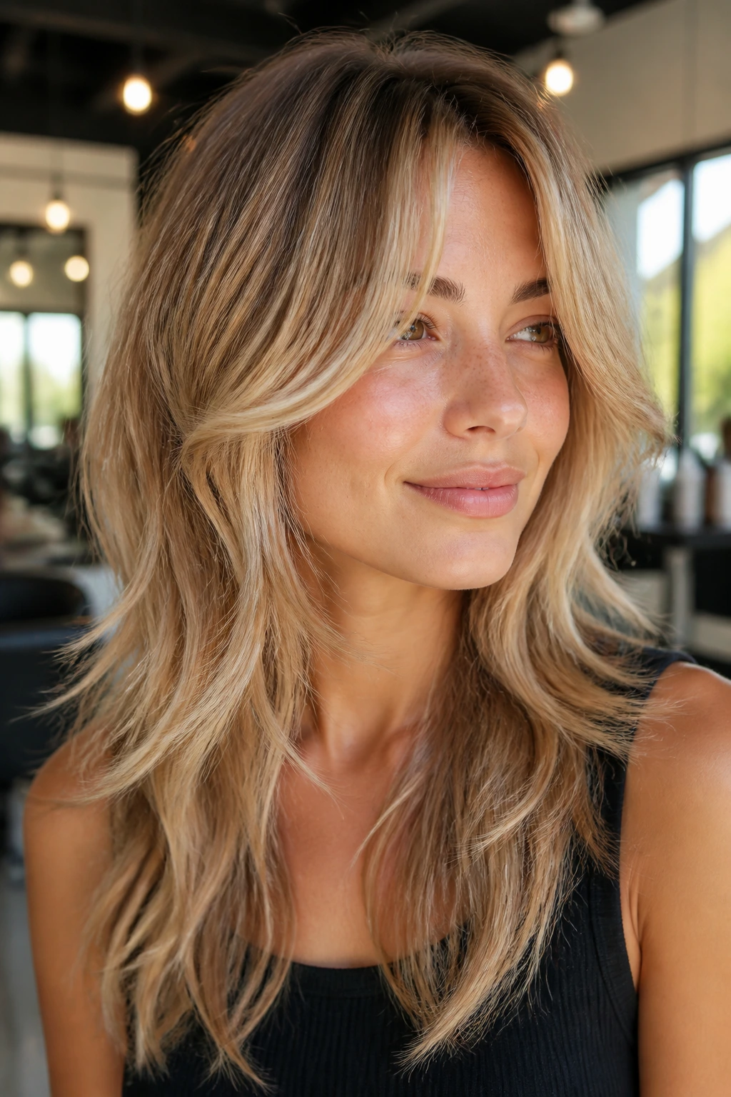Real woman with golden beige wolf cut and long layers in warm window light.