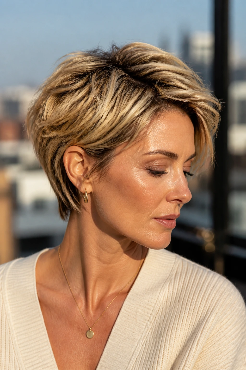 Real woman with golden blonde bixie haircut featuring piecey textured layers and lifted crown.