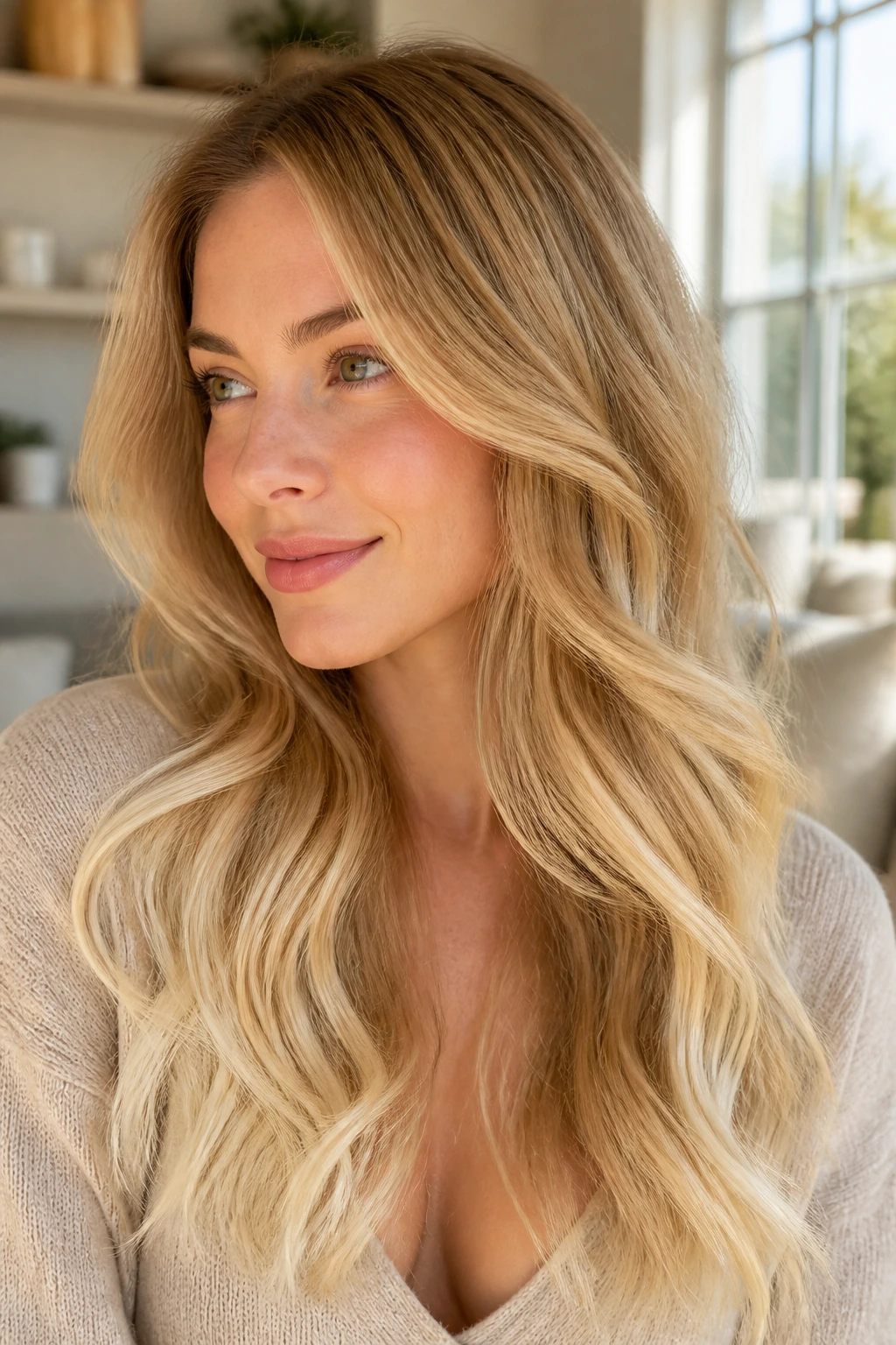 Close-up portrait of a real woman with golden blonde hair and buttercream tips in warm window light.