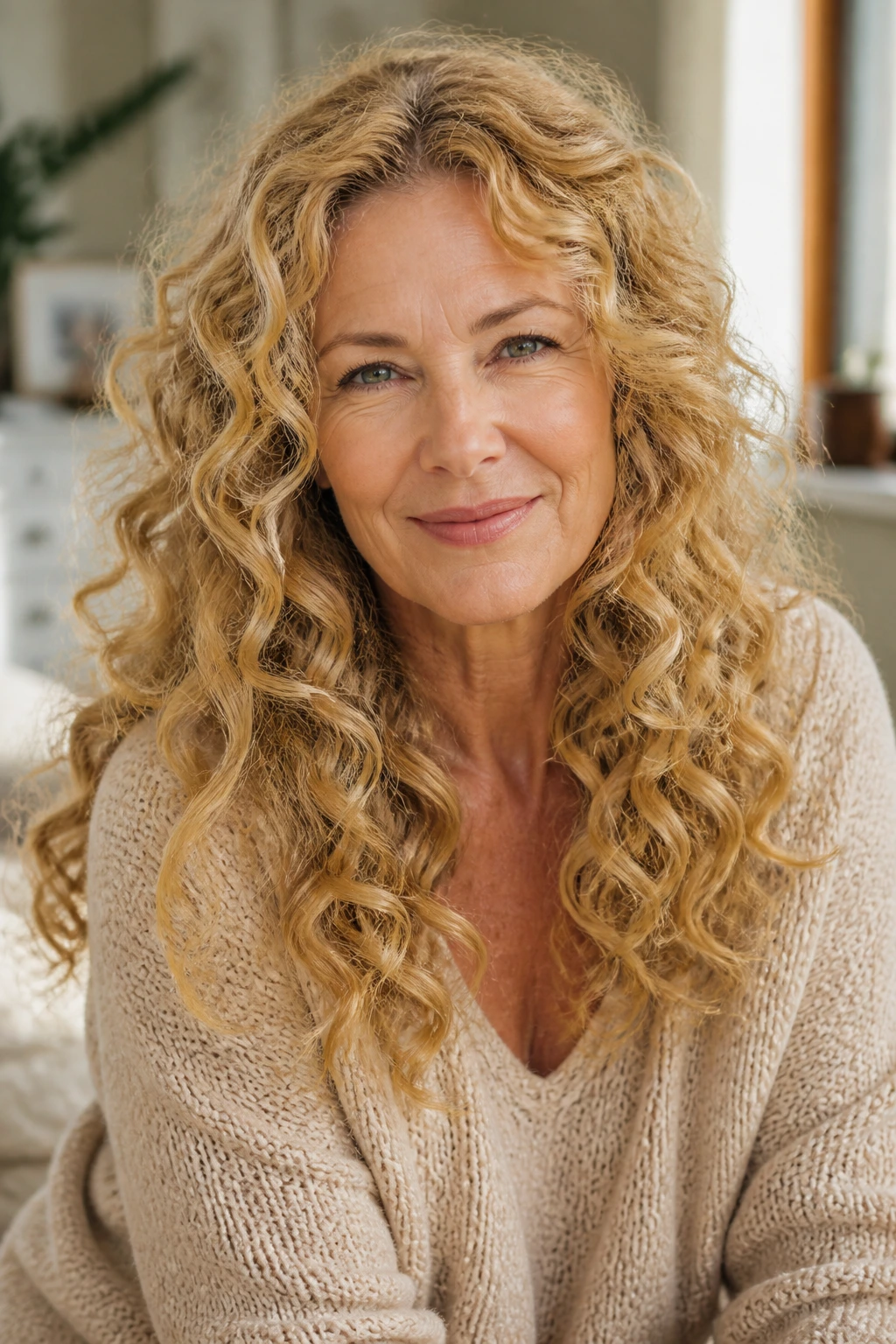 Close-up of a real woman with golden blonde curls in a sunlit room