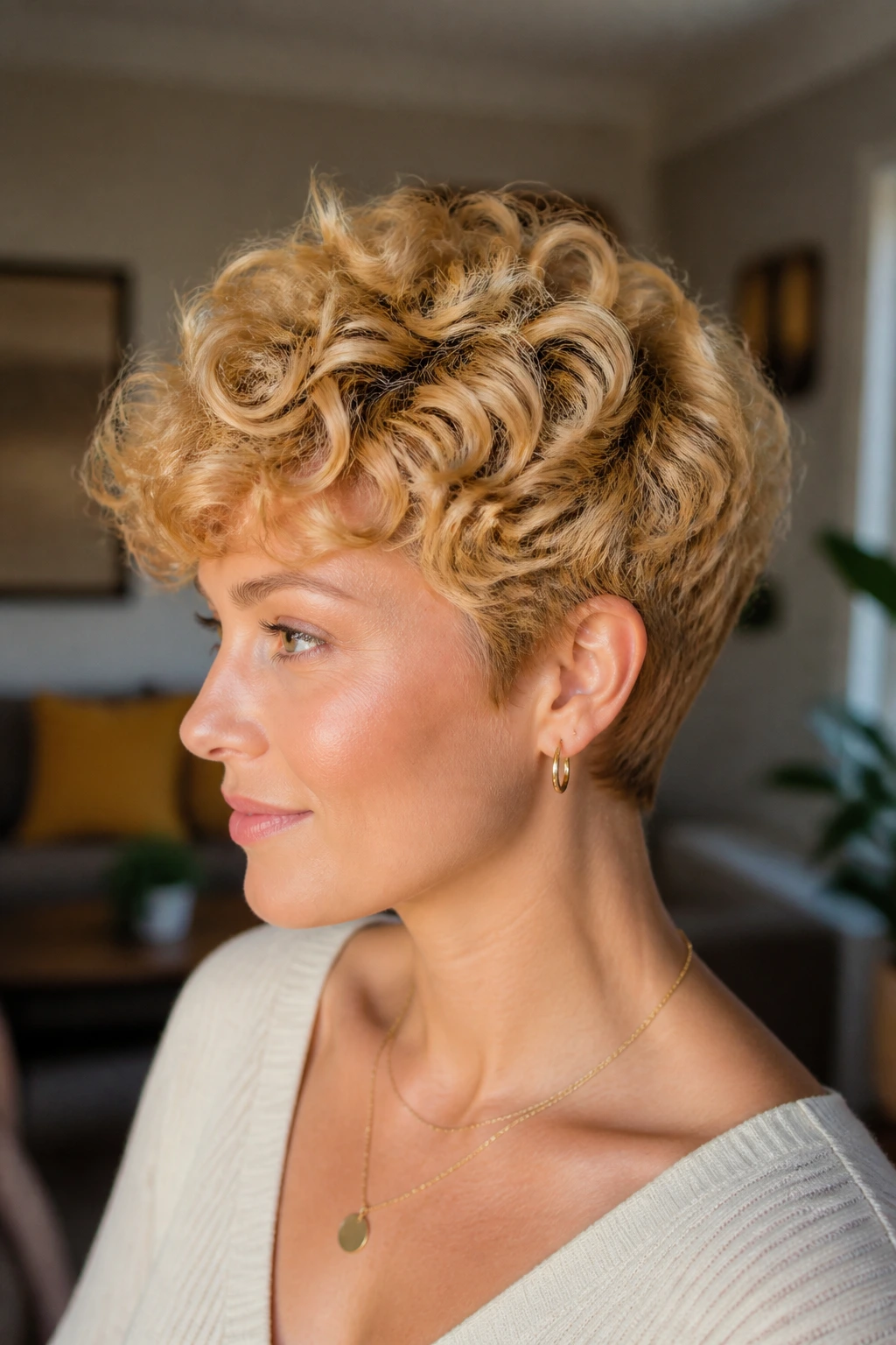 Close-up portrait of a real woman with golden blonde curly pixie, defined curls.