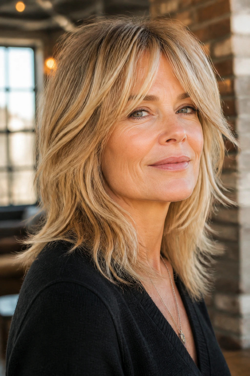Close-up portrait of a real woman with golden blonde shag and curtain bangs in natural light