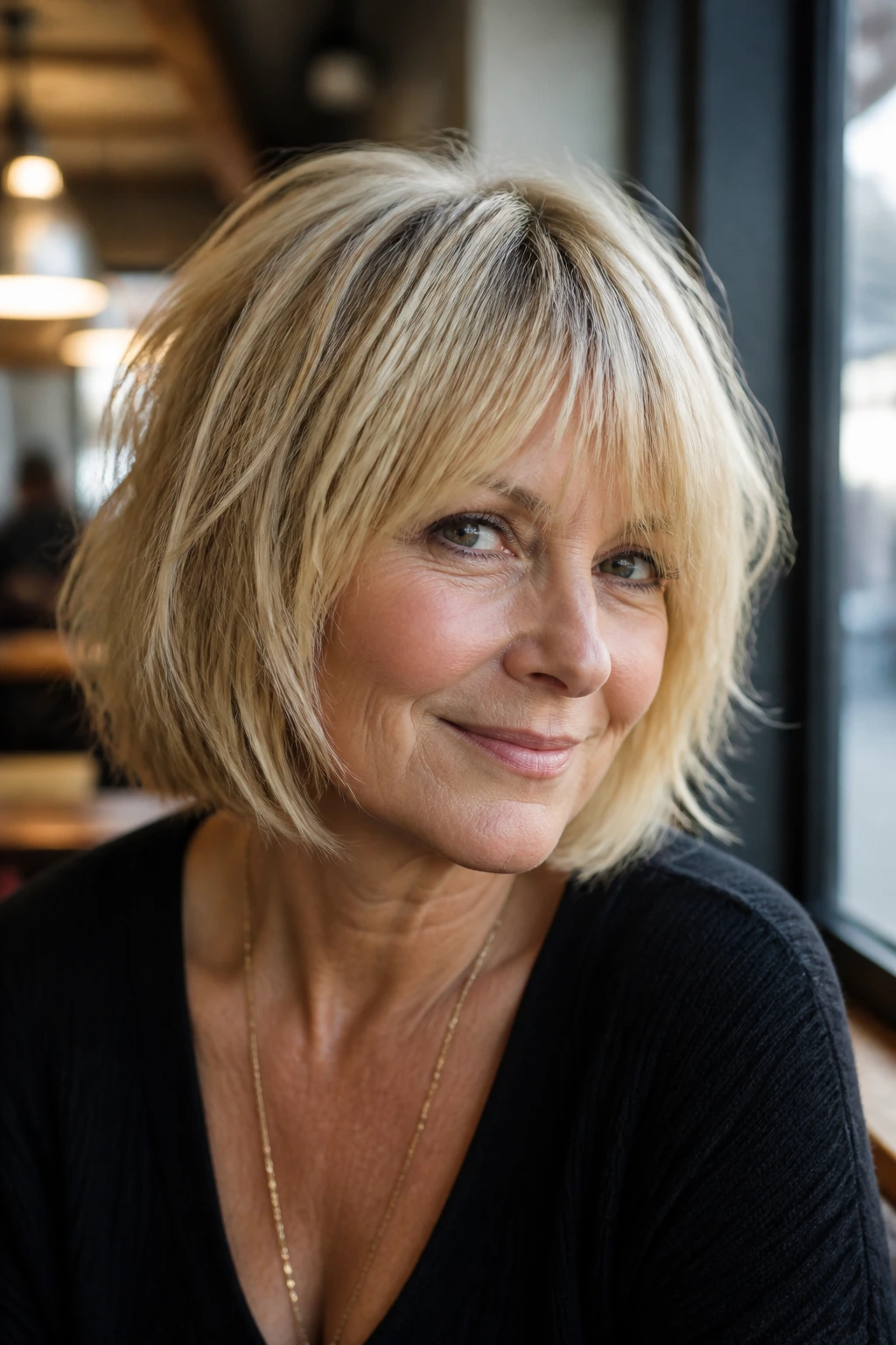 Close-up of a real woman with a golden blonde bob and long fringe