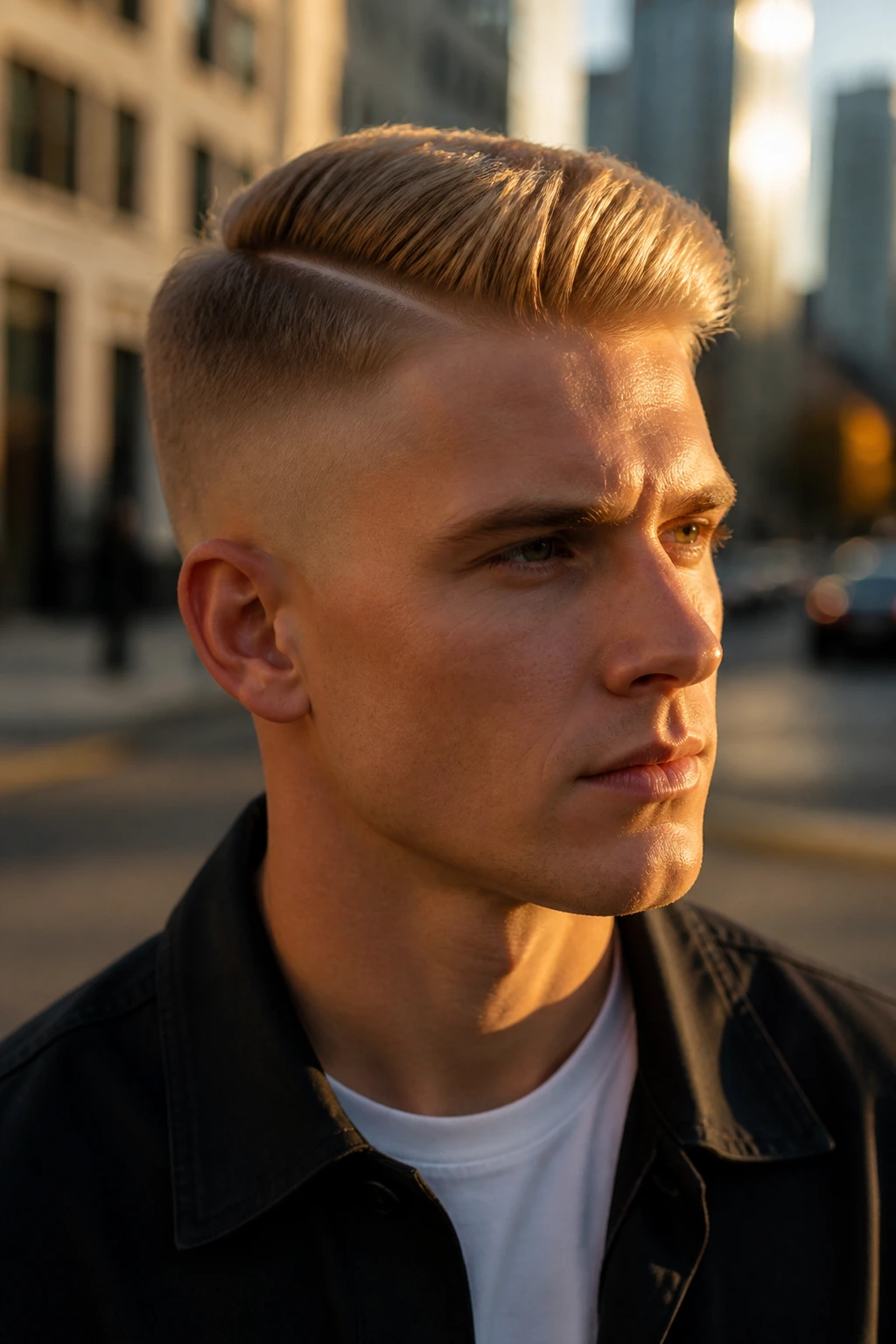 Man with golden blonde hard part hairstyle outdoors