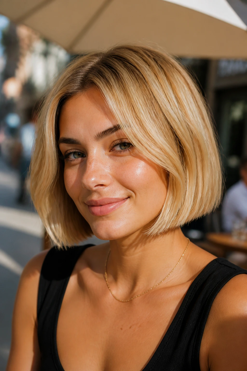 Close-up portrait of a real person with golden blonde jaw-length bob