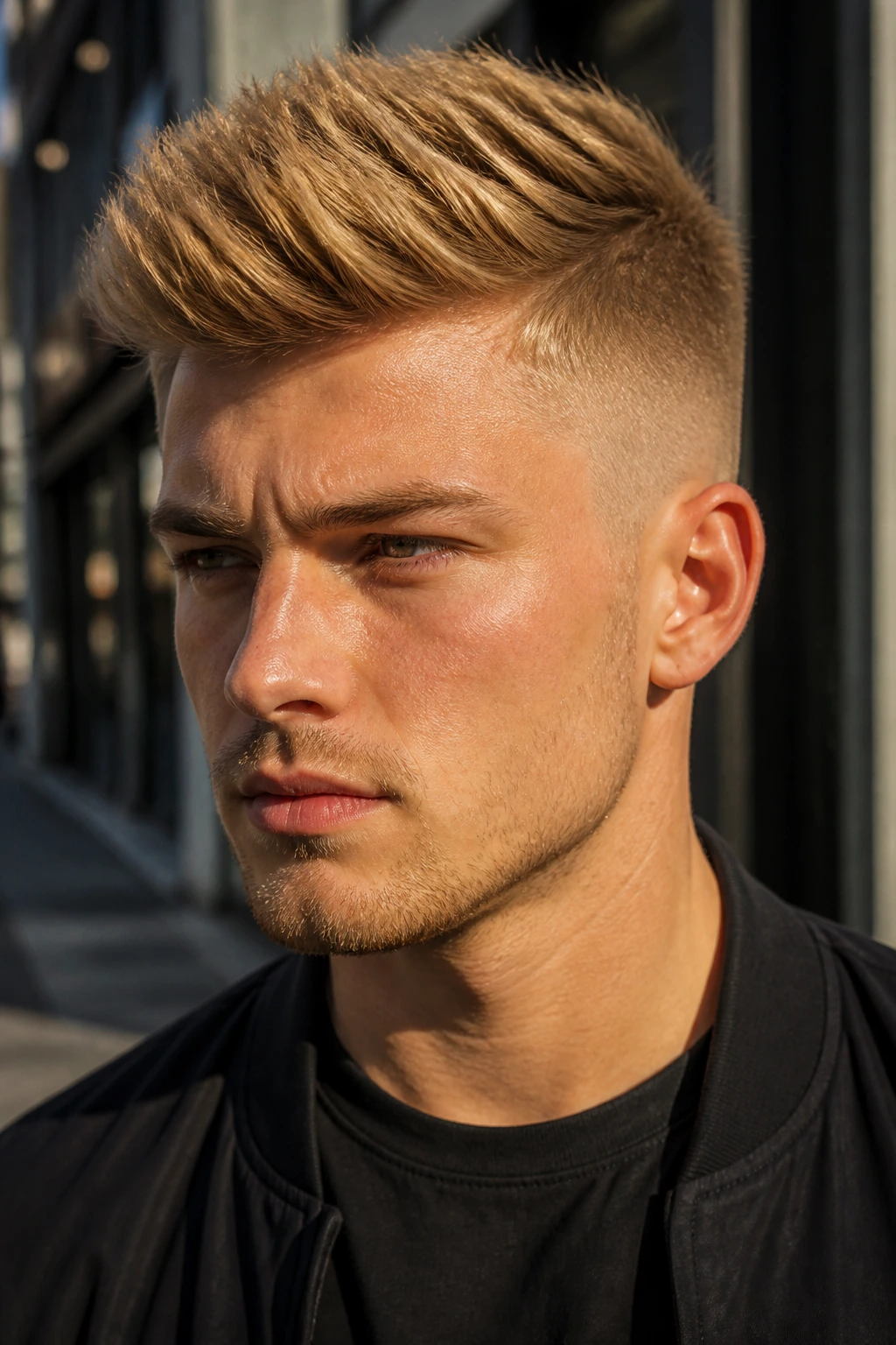 Close-up portrait of a man with a golden blonde mid fade quiff.