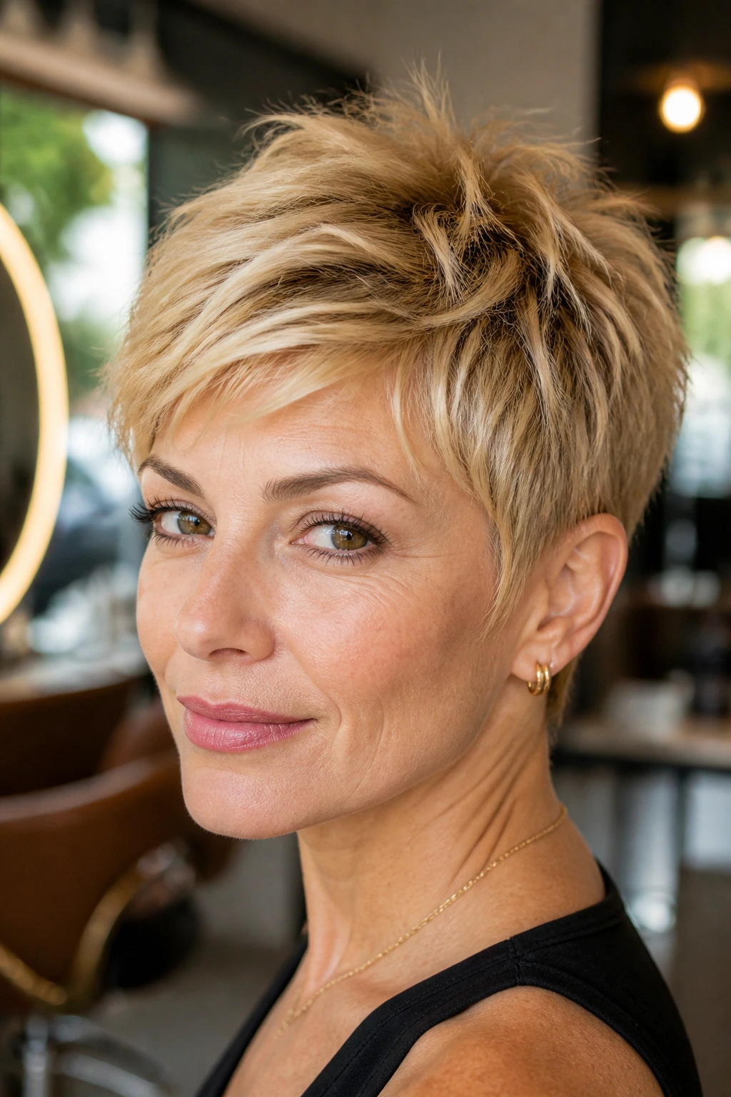 Close-up portrait of a real person with a textured golden blonde pixie