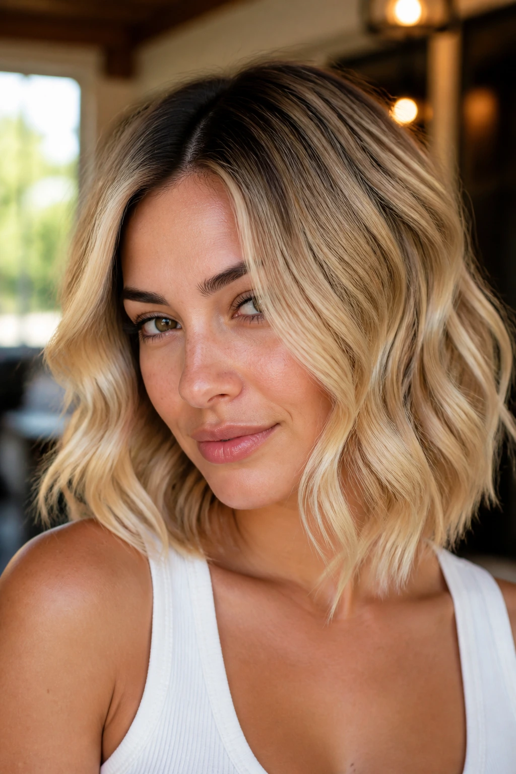 Close-up of real woman with golden blonde S-Curl lob and darker root.