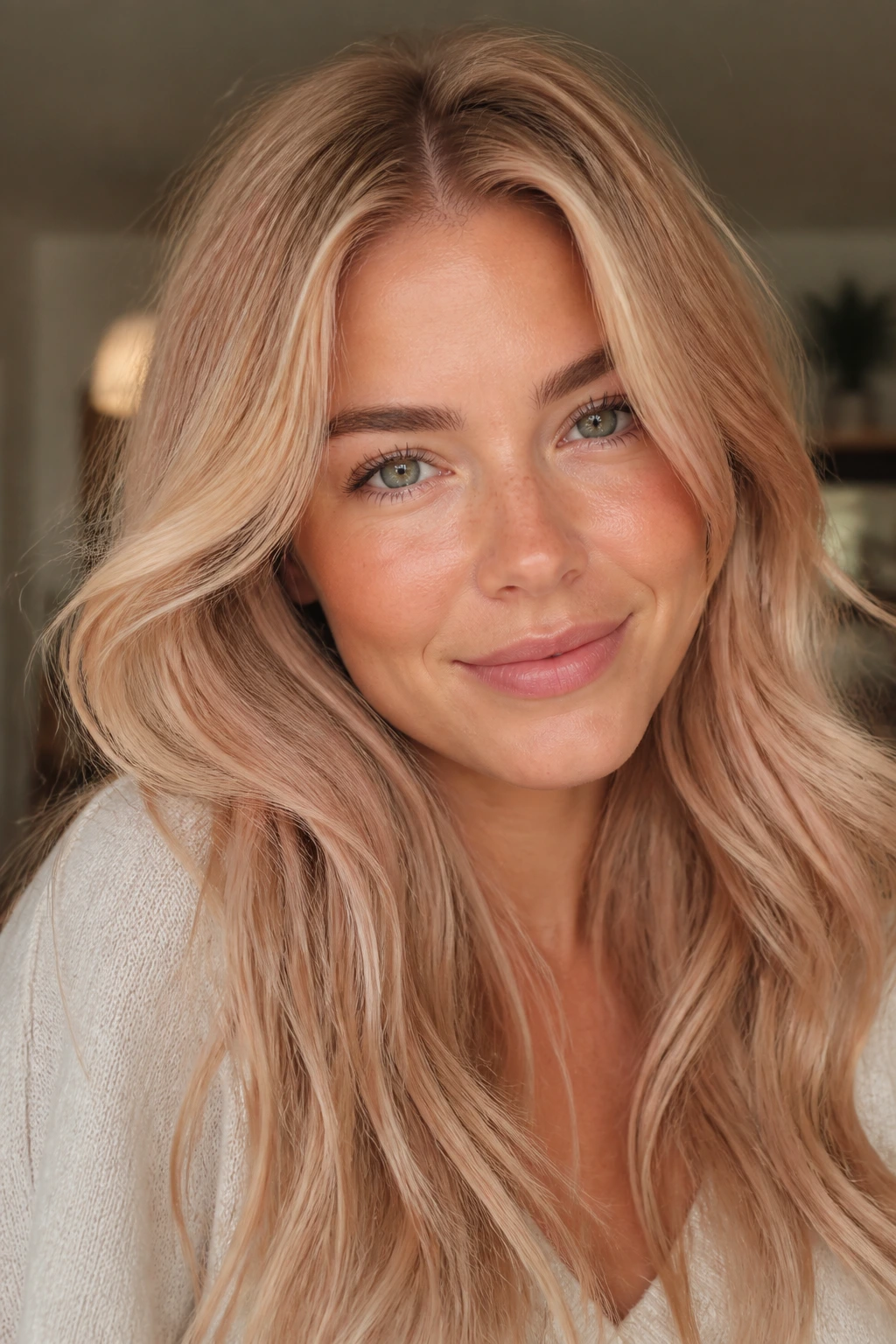 Close-up of a real woman with golden blush blonde hair