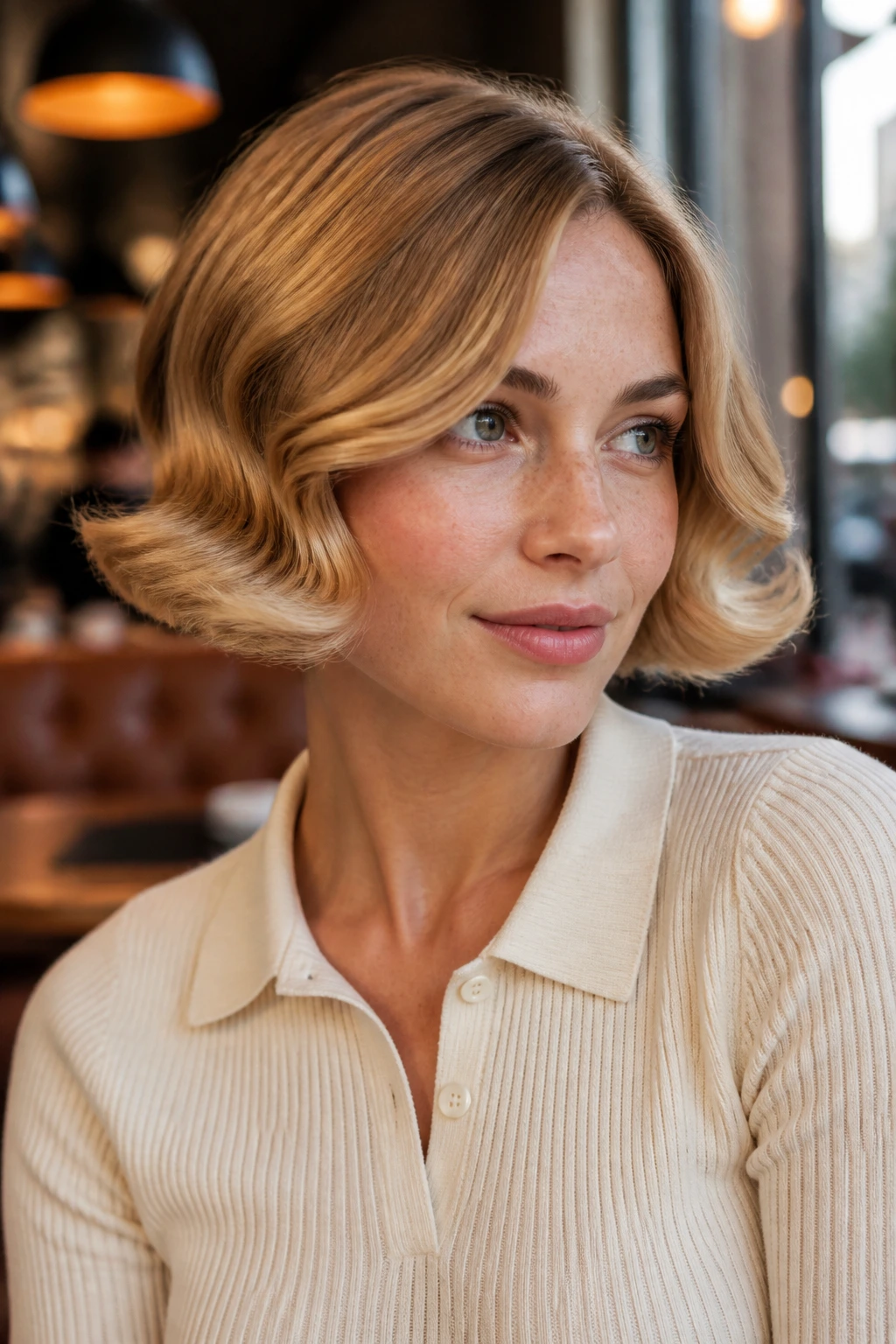 Close-up of golden bob with Marcel-wave ends on a real model