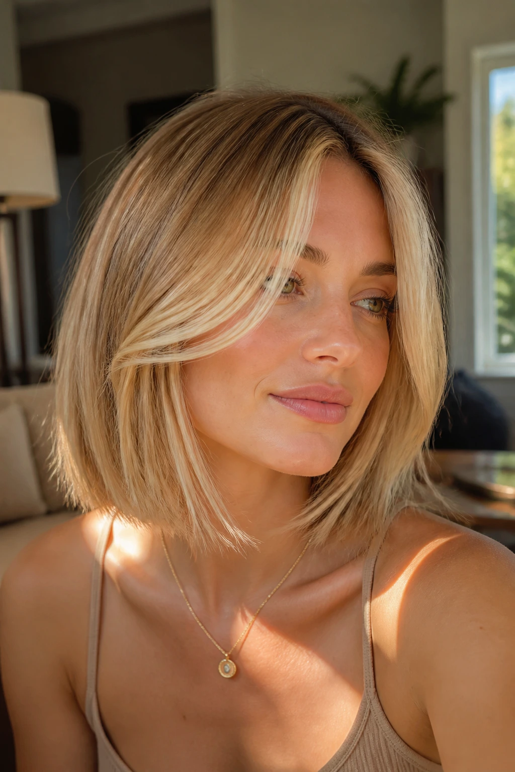 Portrait of a woman with golden bob and face-framing ribbons in warm light