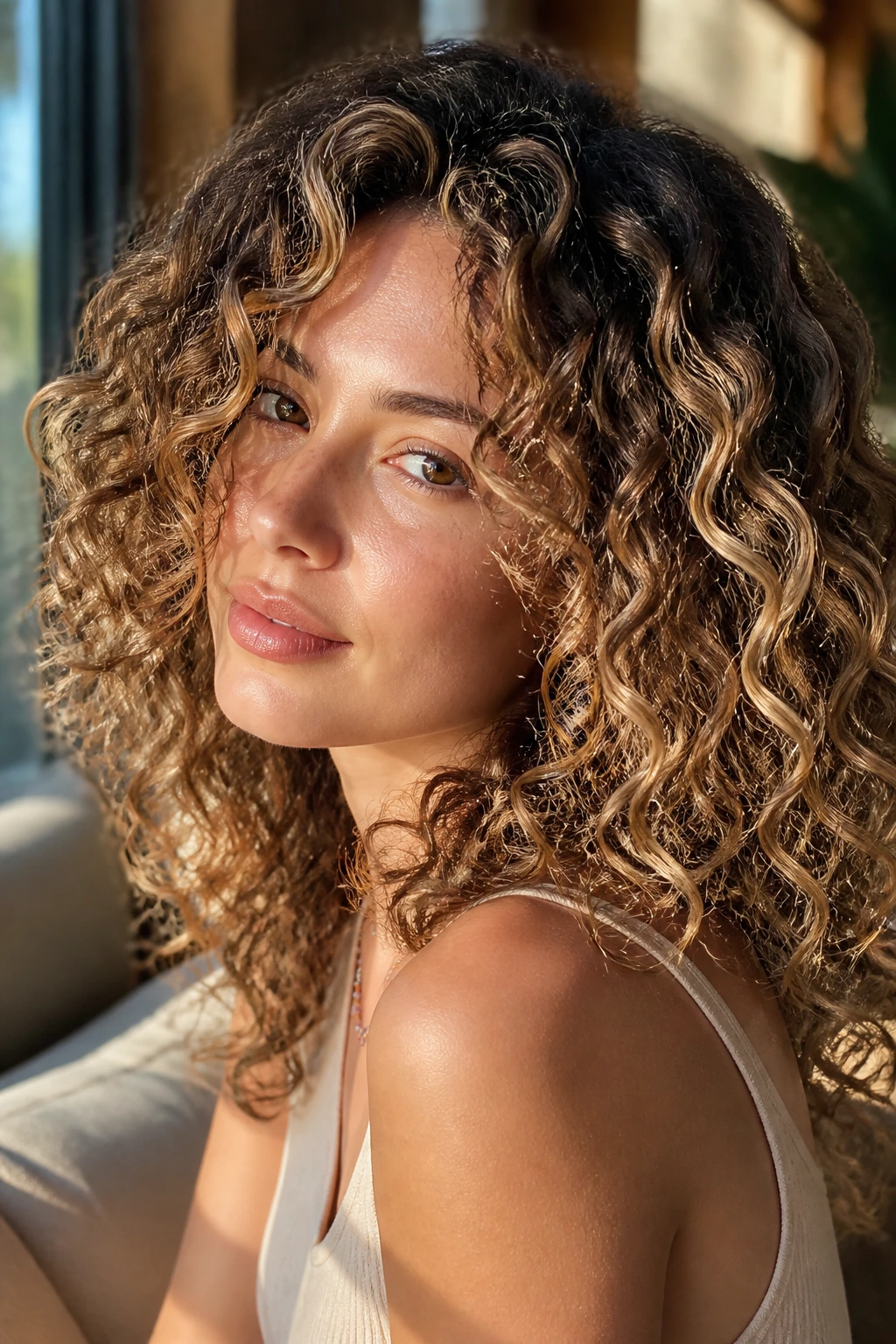 Close-up of tiny golden babylights on curly hair