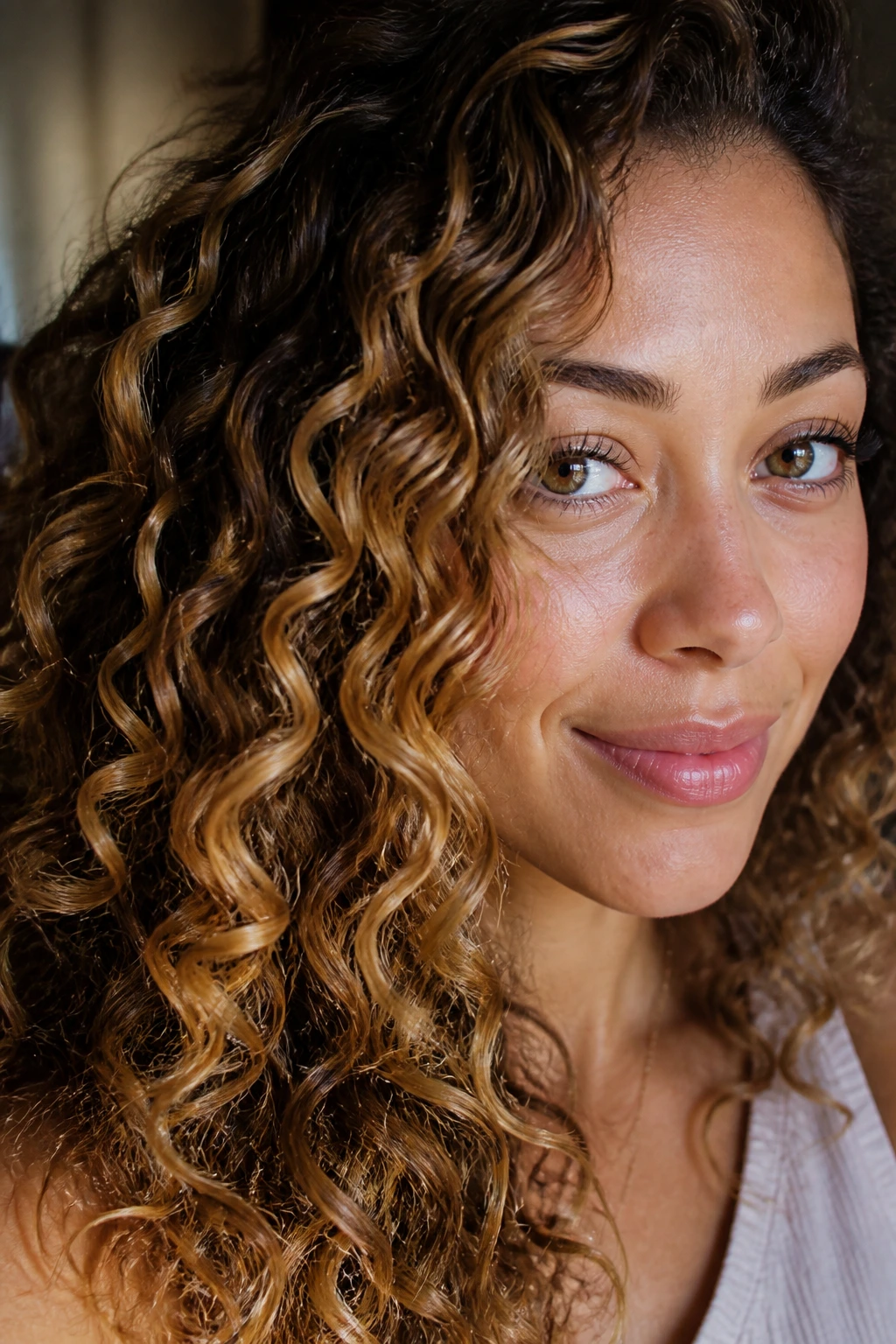 Close-up of a real woman with curly hair featuring golden bronde ribbons woven through curls