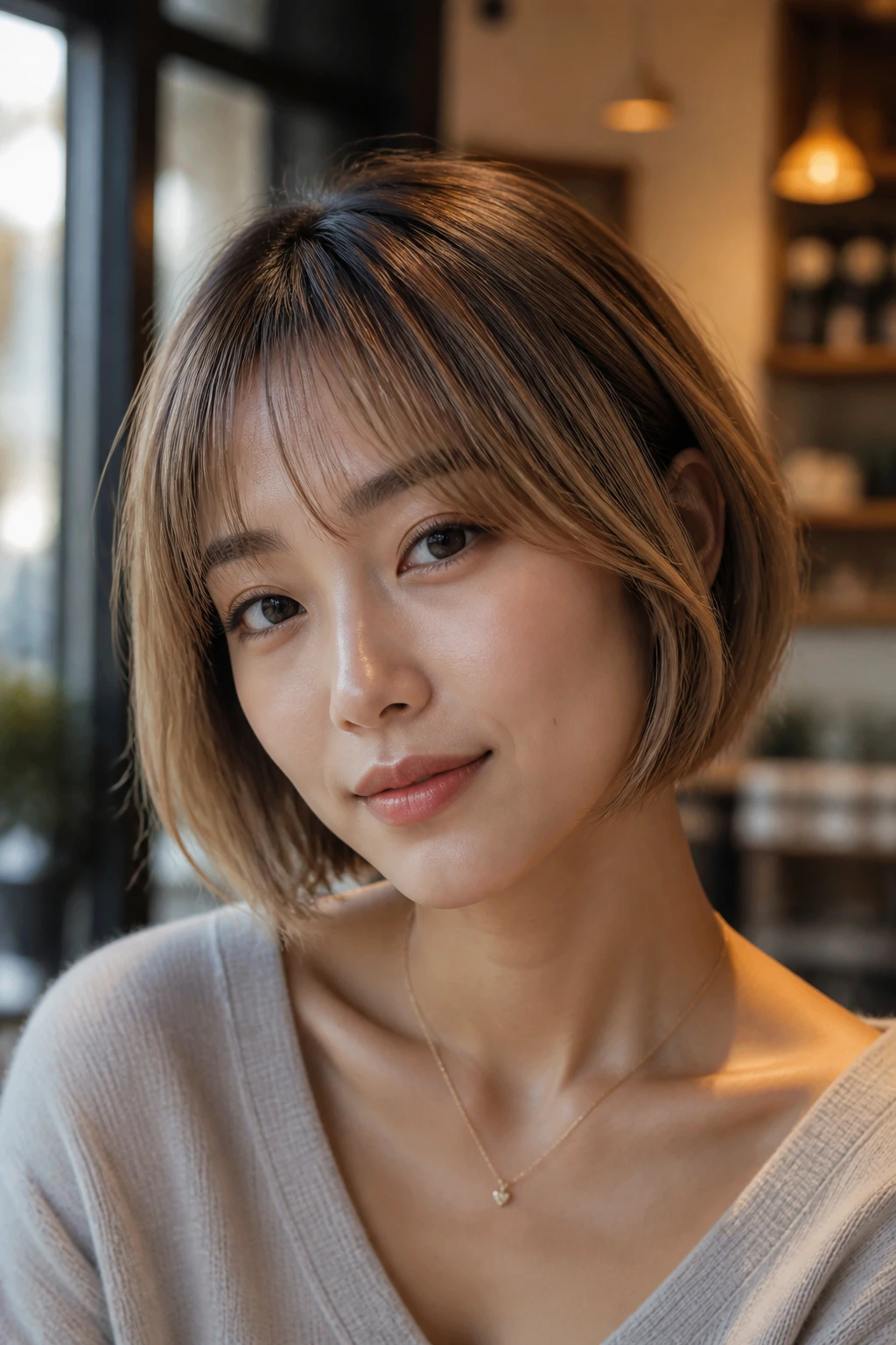Close-up portrait of a real woman with golden bronde French bob.