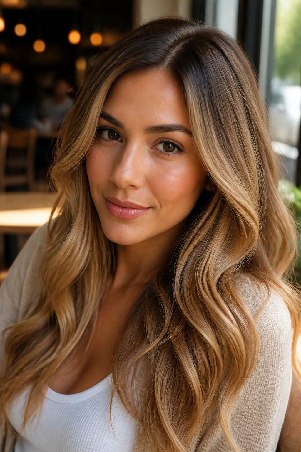 Close-up portrait of a real woman with brown roots and golden bronde hair in warm light
