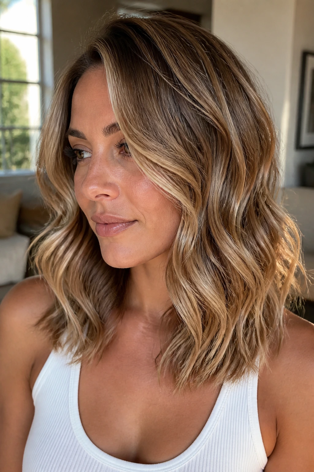 Close-up of a real woman's wavy golden bronde hair with warm highlights catching sunlight