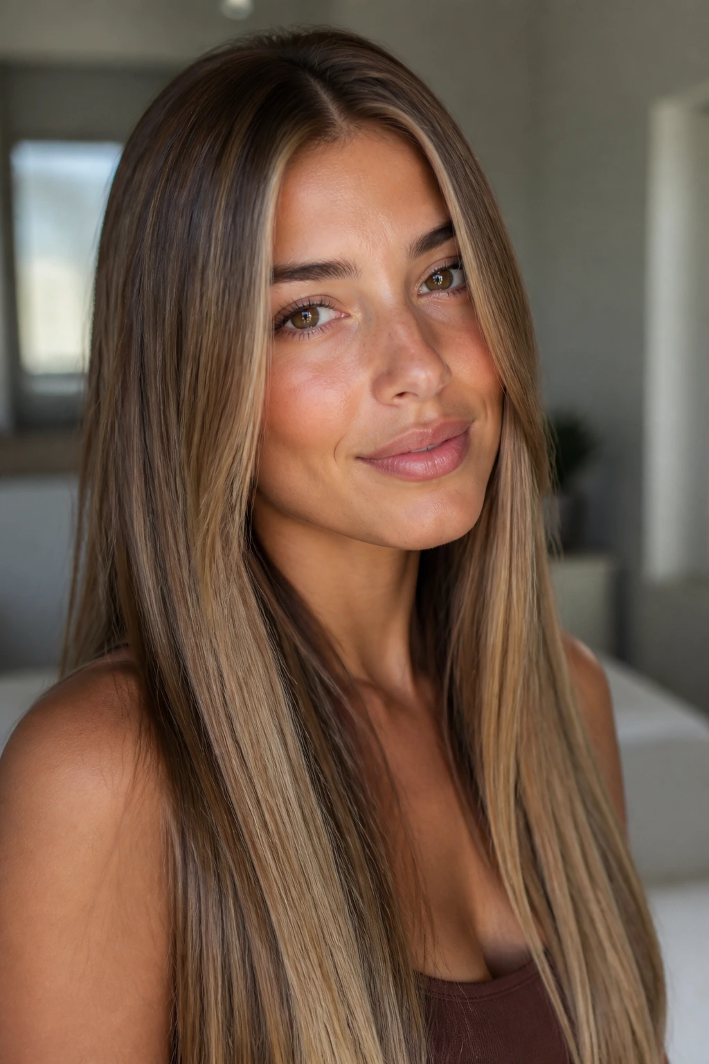 Close-up portrait of a real woman's straight hair with golden bronde tones