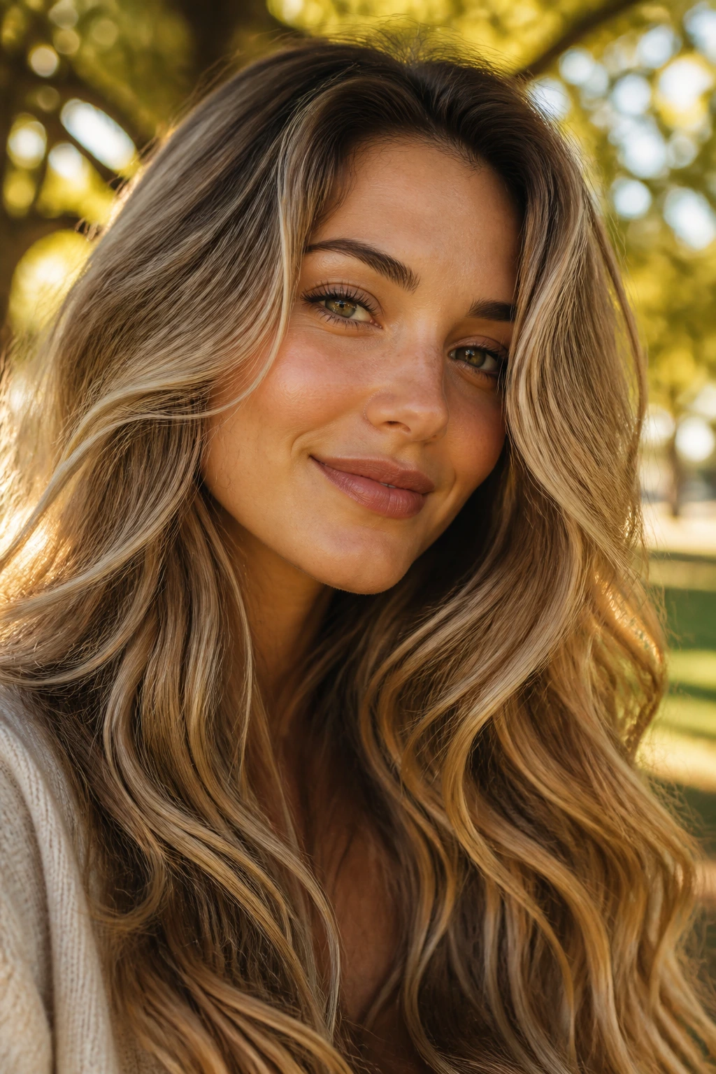 Close-up of a real woman with golden bronde waves catching sunlight in a park