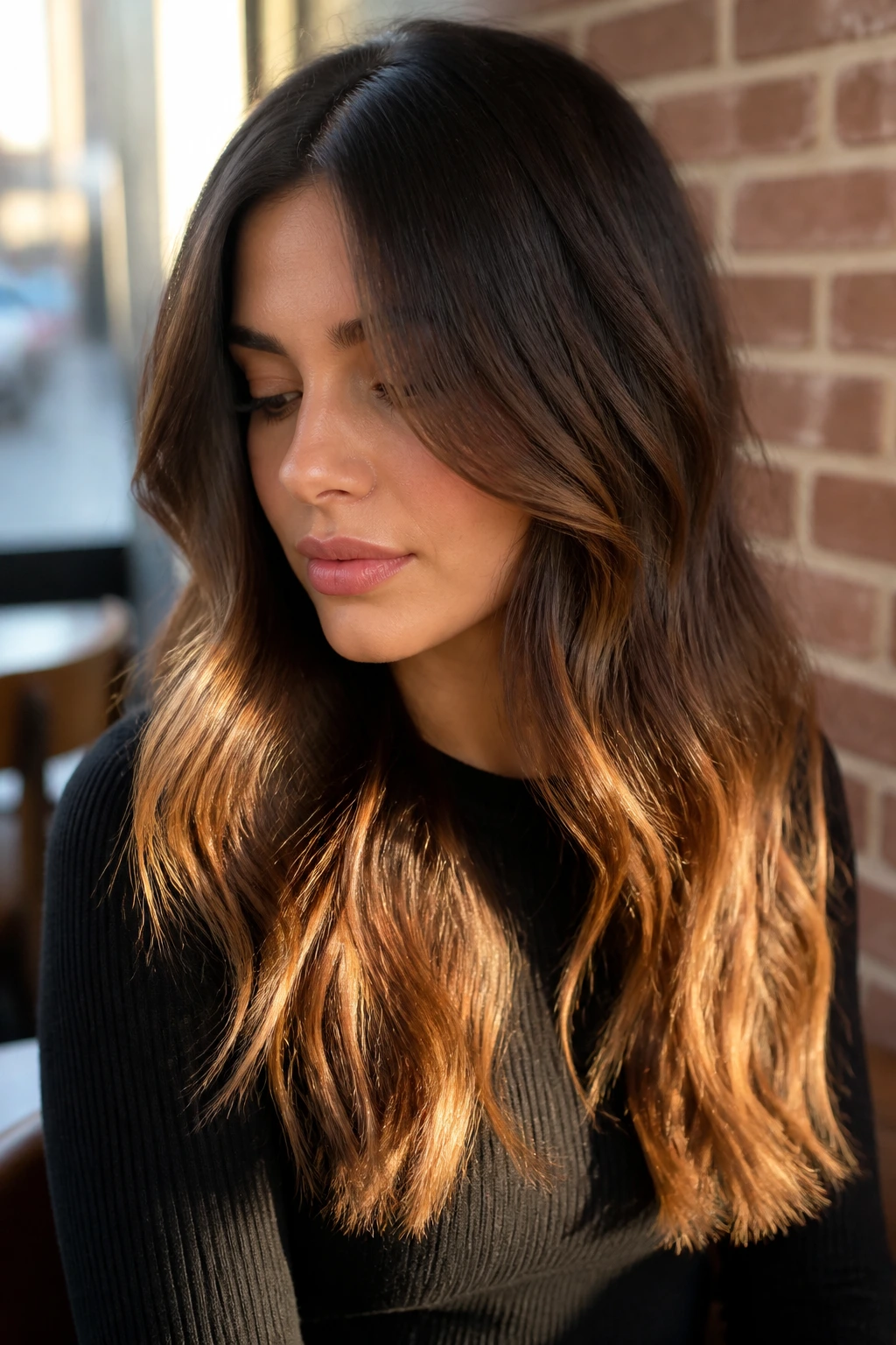 Close-up of brunette with golden bronze ends glowing at the bottom