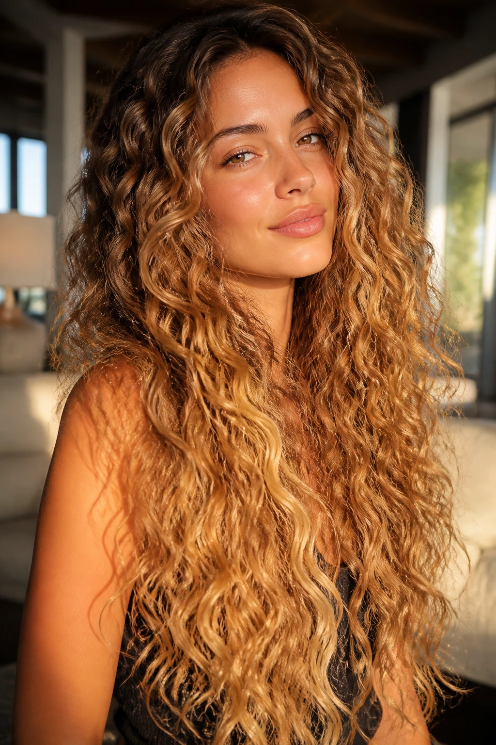 Close-up of a real woman with golden brown to apricot blonde long curly hair