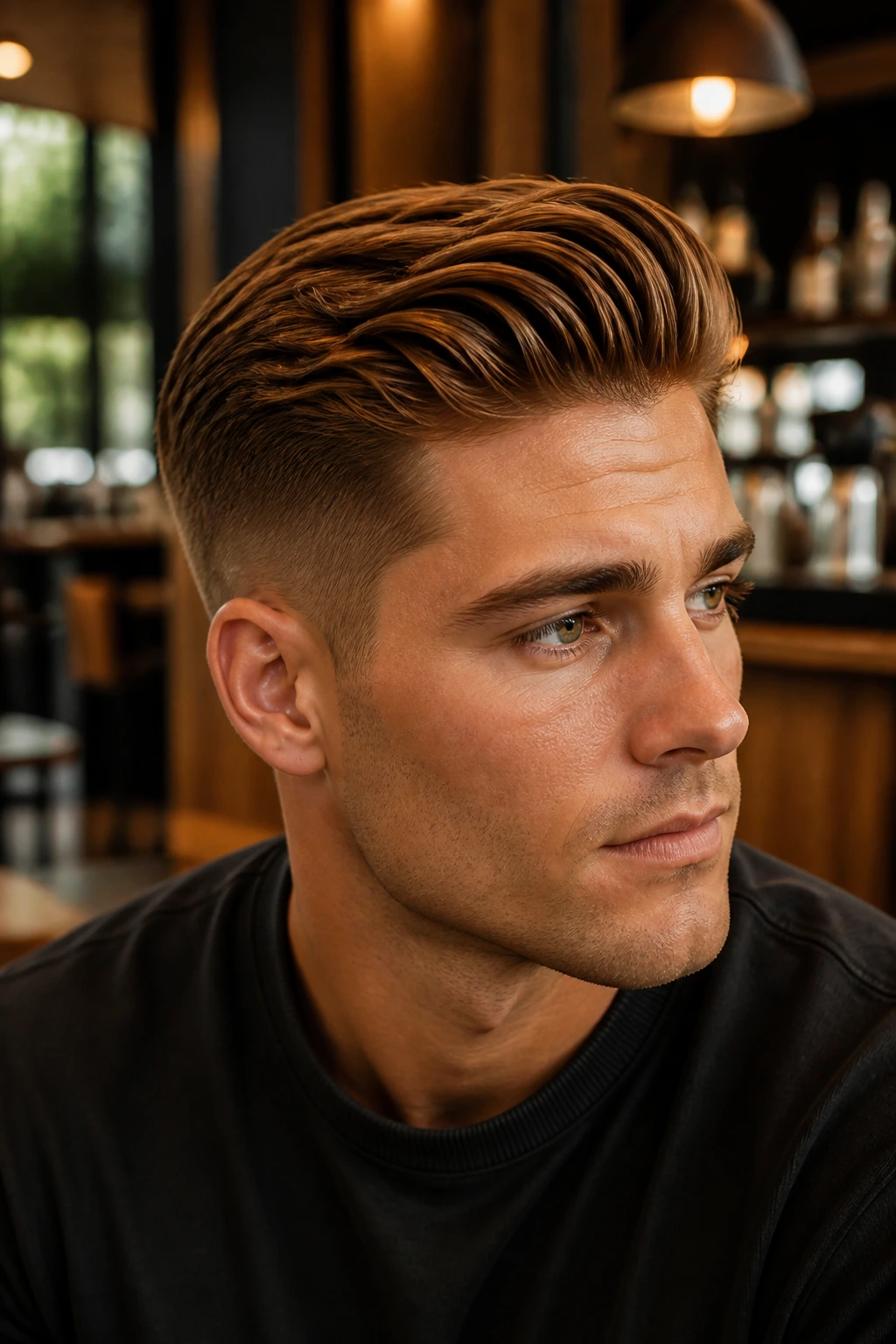 Close-up portrait of a man with golden-brown gloss hair and neat fade in a warm cafe