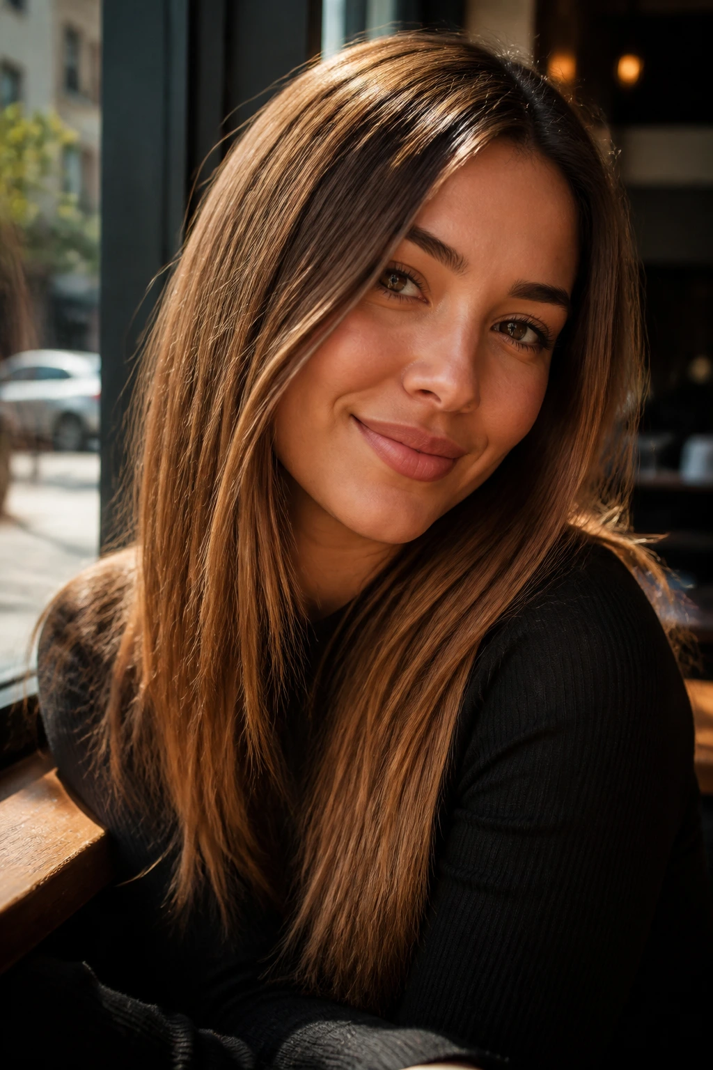 Close-up of real woman with golden brown straight hair in sunlight