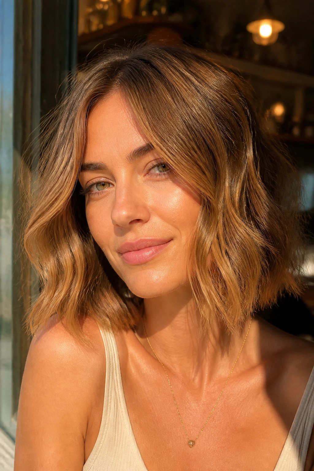 Real woman with golden brown lob and undone waves in warm light.