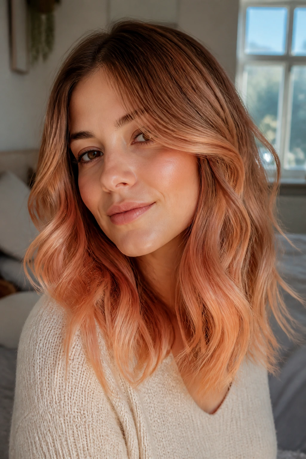 Hair gradient golden brown to peach apricot ombre on a real person