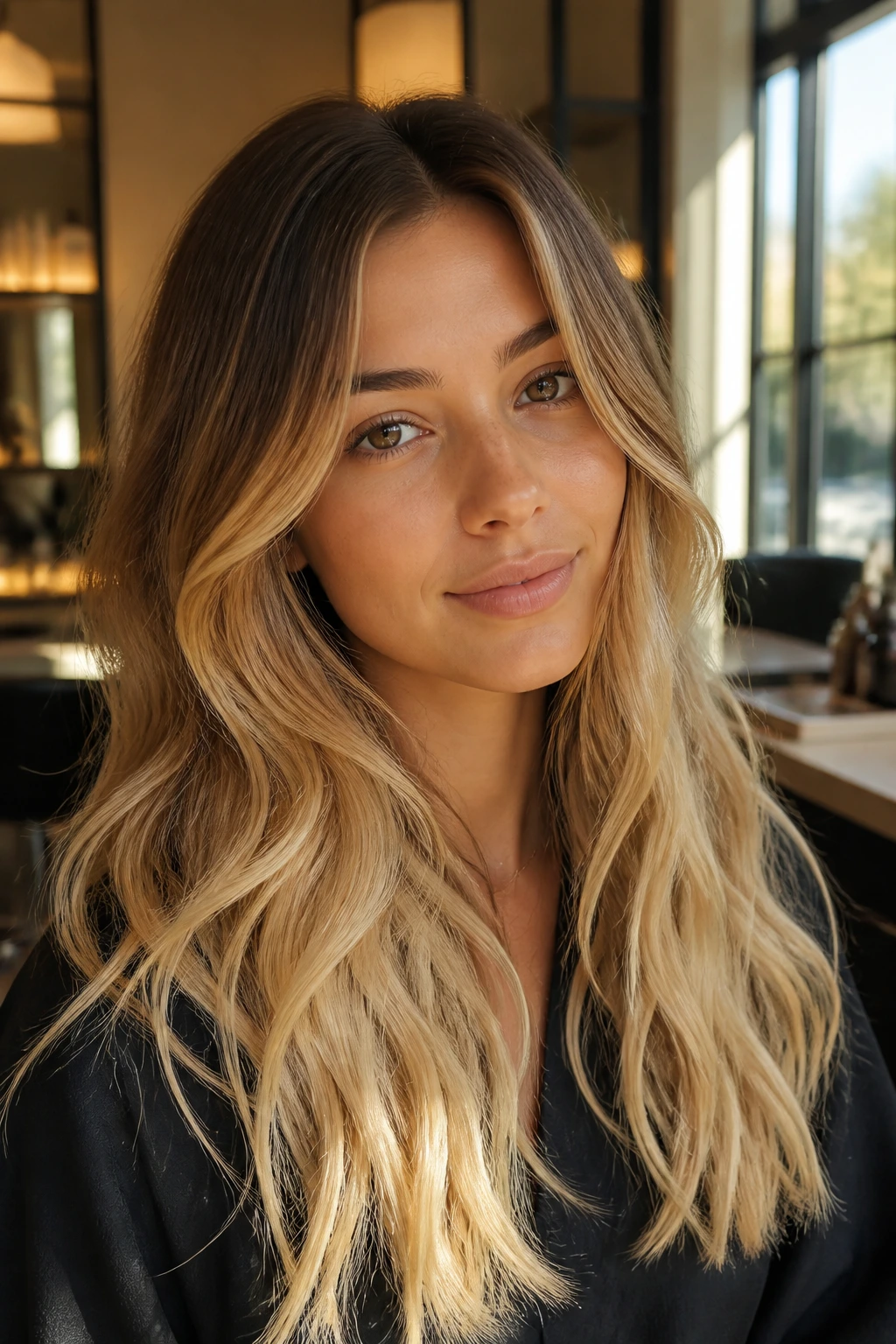 Close-up of a real woman with golden brown roots fading to sunlit blonde on long hair