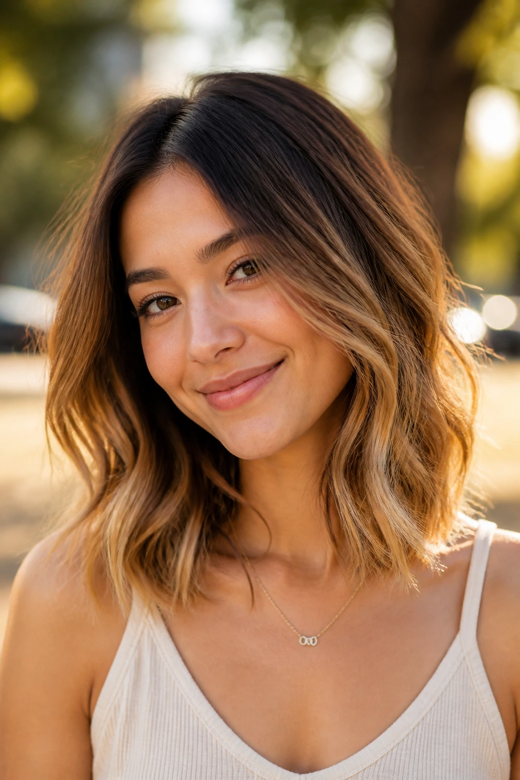 Portrait of hair transitioning from golden brown to sunlit ends in medium-length hair