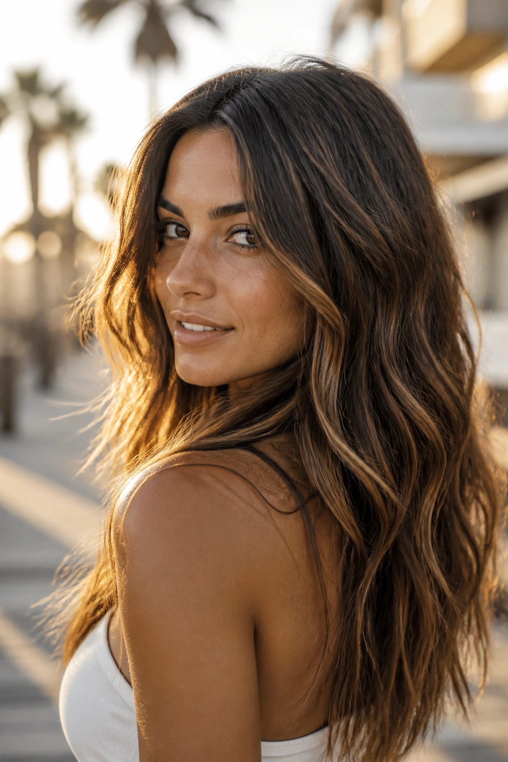 Woman with golden bands in brown hair catching sunlight outdoors