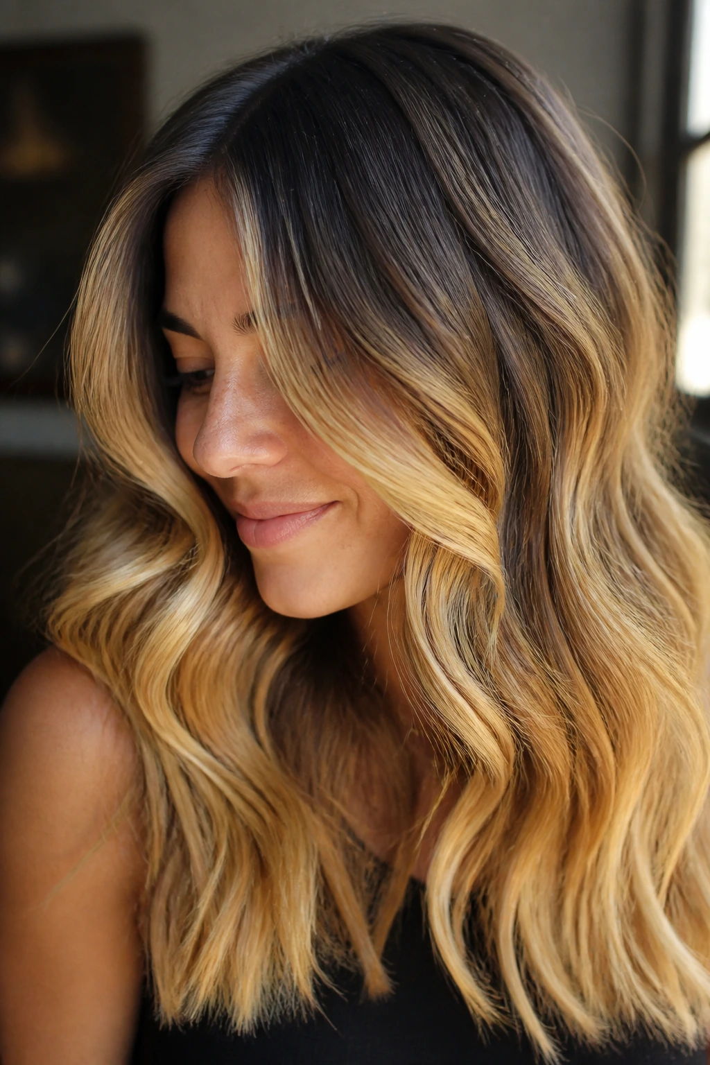 Close-up of real woman with golden butter balayage in warm window light
