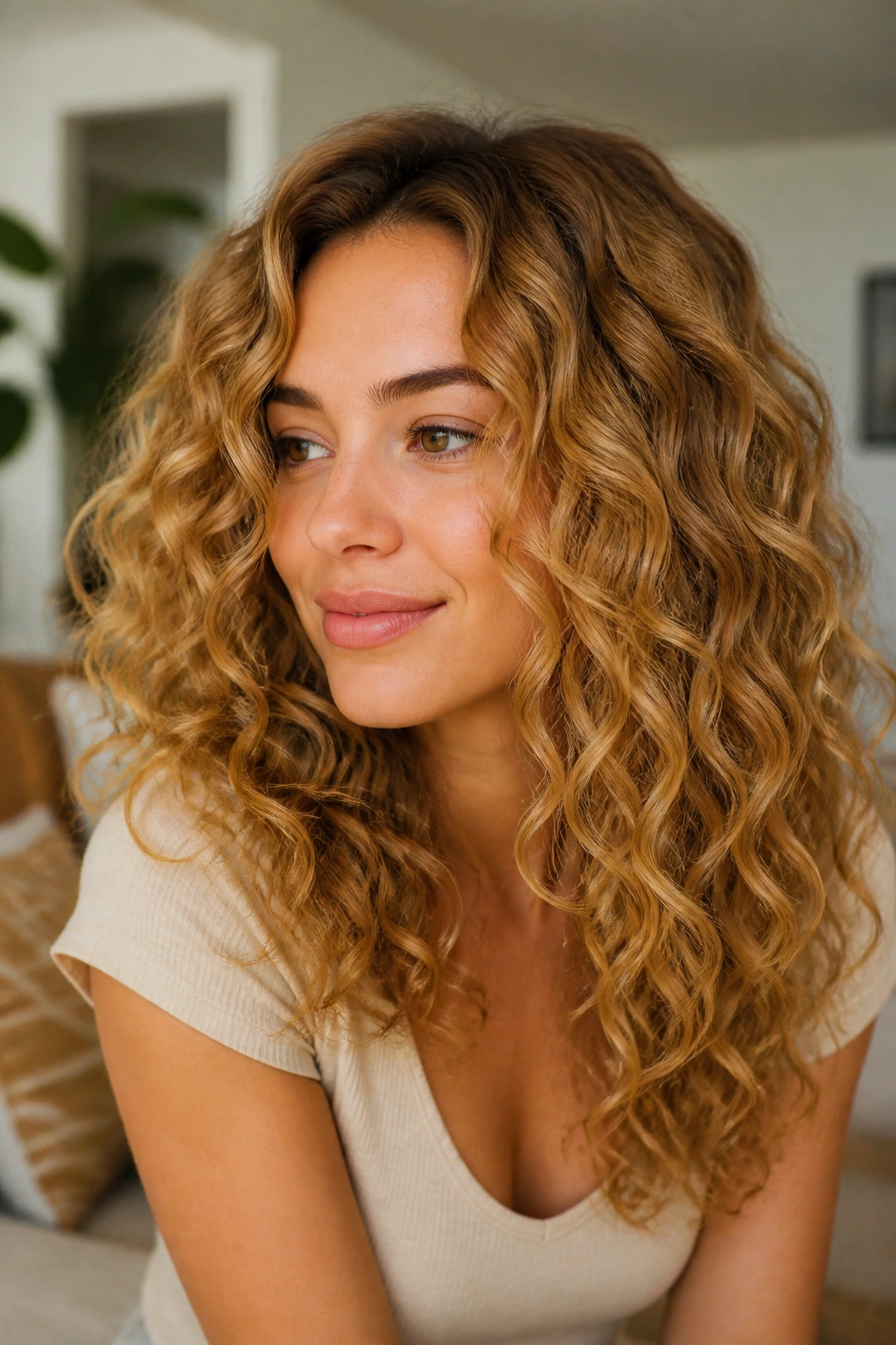 Close-up portrait of a real woman with golden caramel blonde curls in warm light