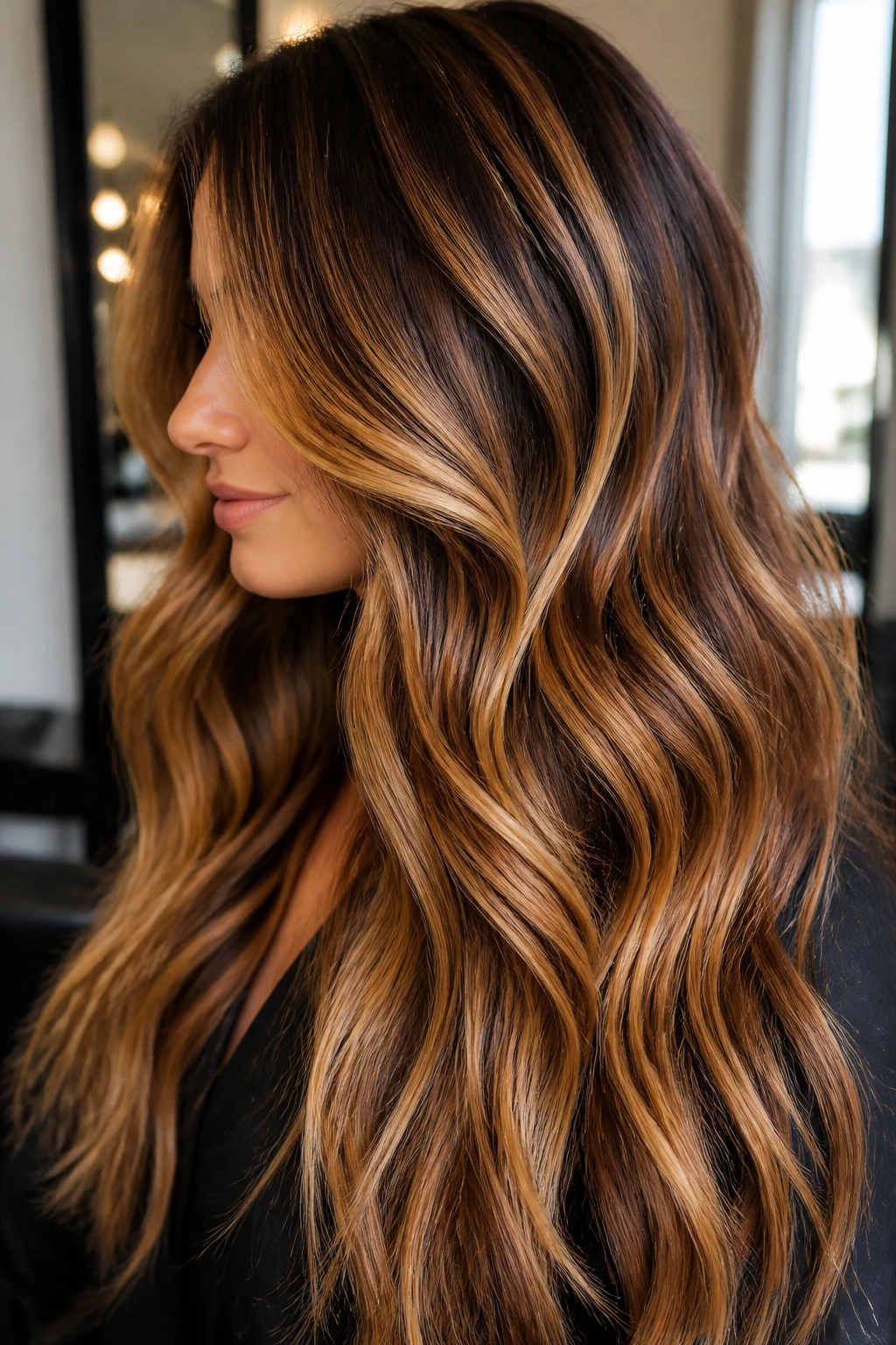 Close-up of thick hair with golden caramel carving highlights on a real person
