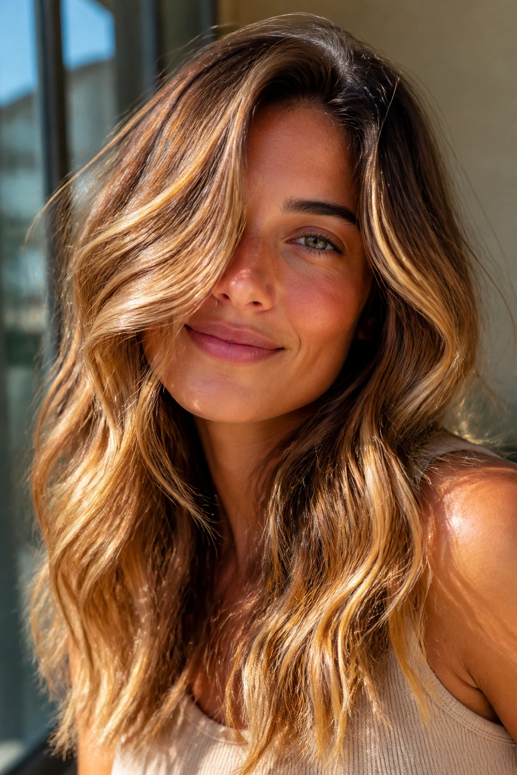 Portrait of a woman with golden caramel waves in sunlit light