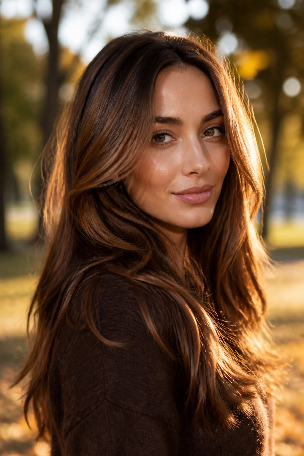Portrait of a real woman with golden chestnut hair color and warm, dimensional highlights.