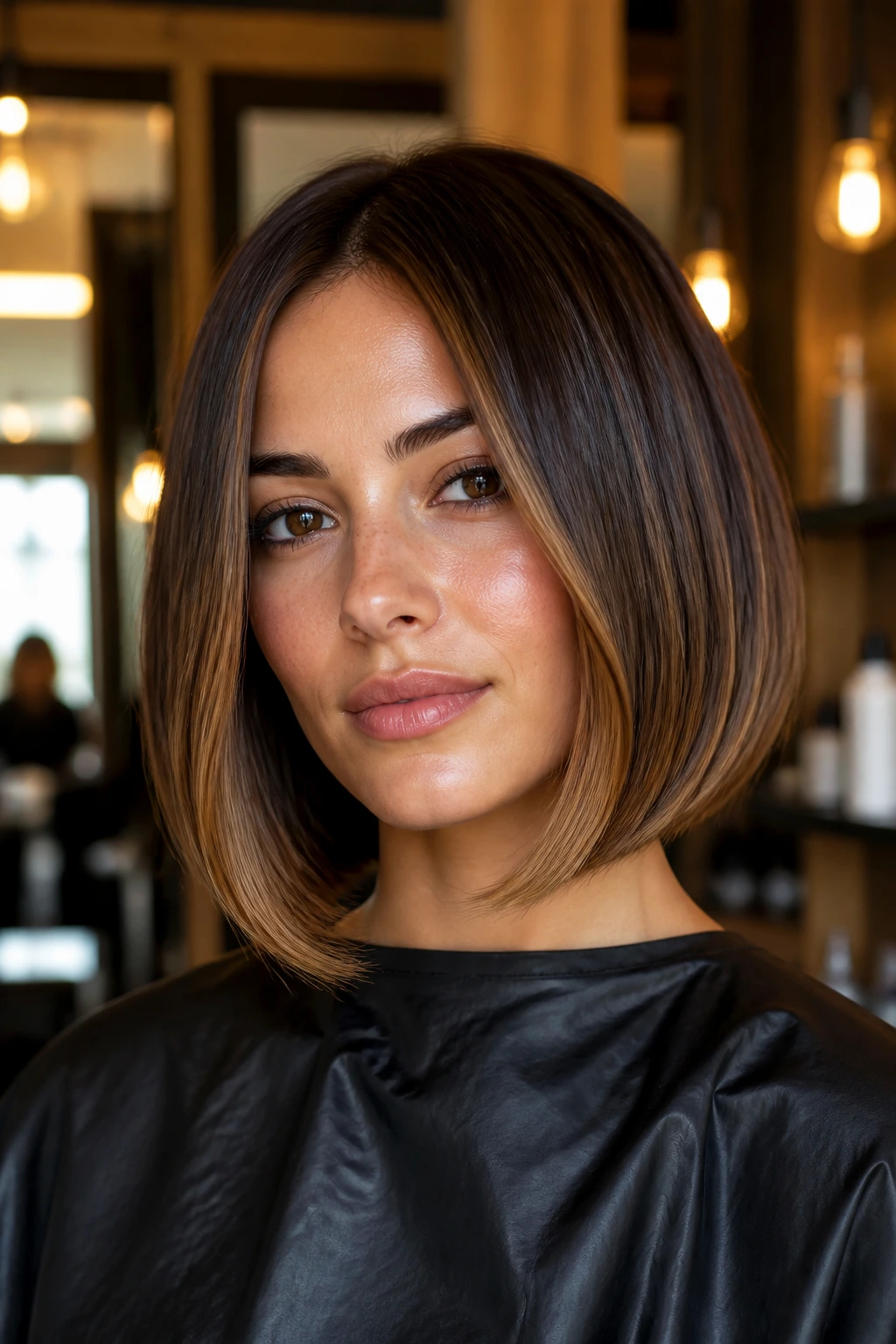 Close-up portrait of a real brunette with box bob and golden cinnamon balayage ribbons through mid-lengths.