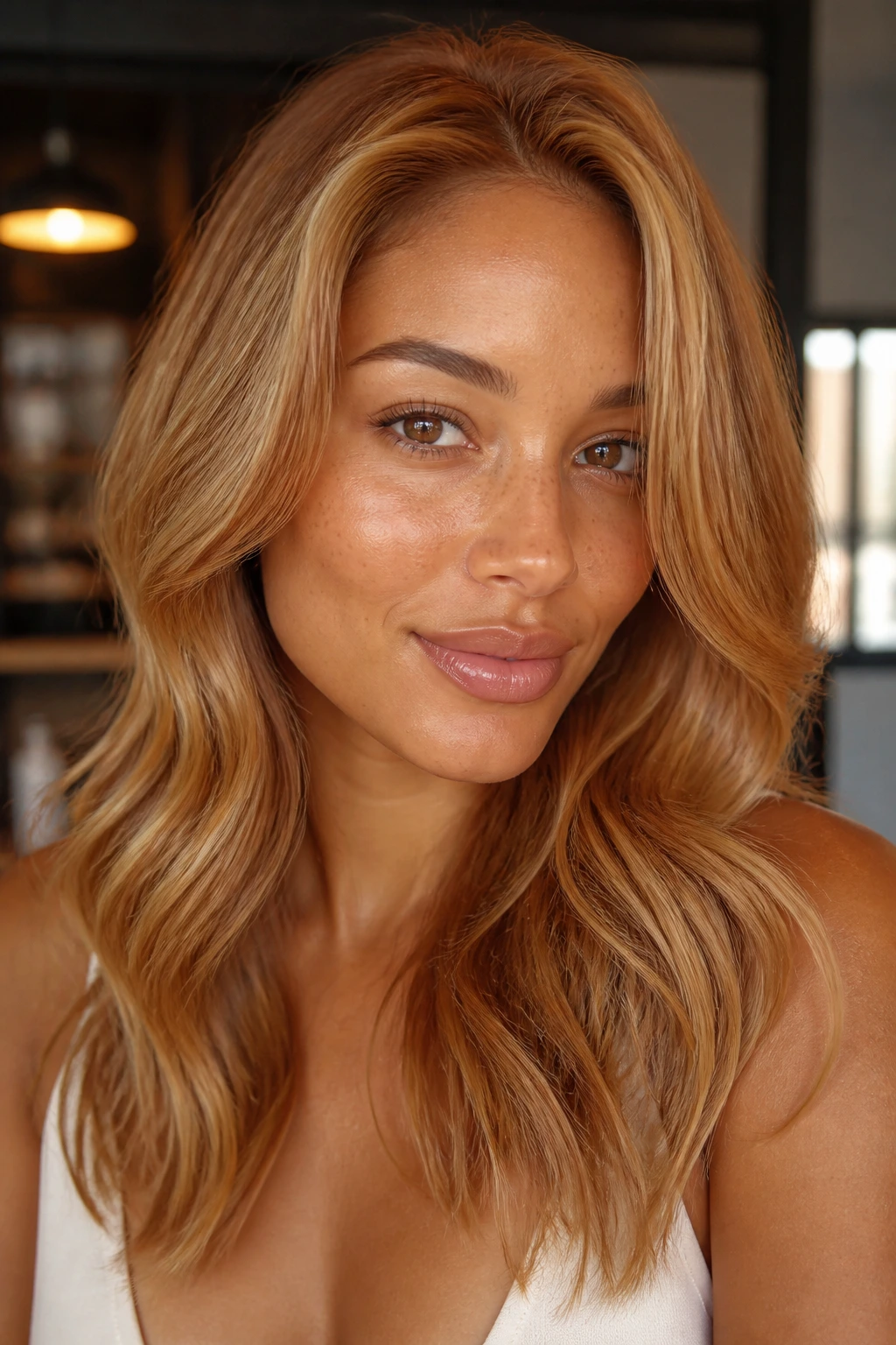 Close-up portrait of golden copper blonde with copper lowlights