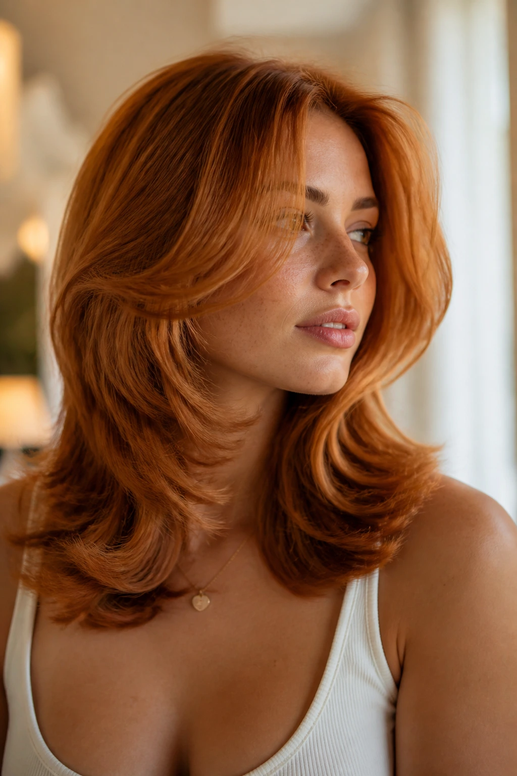 Close-up of a real woman with Golden Copper Butterfly Layers hairstyle
