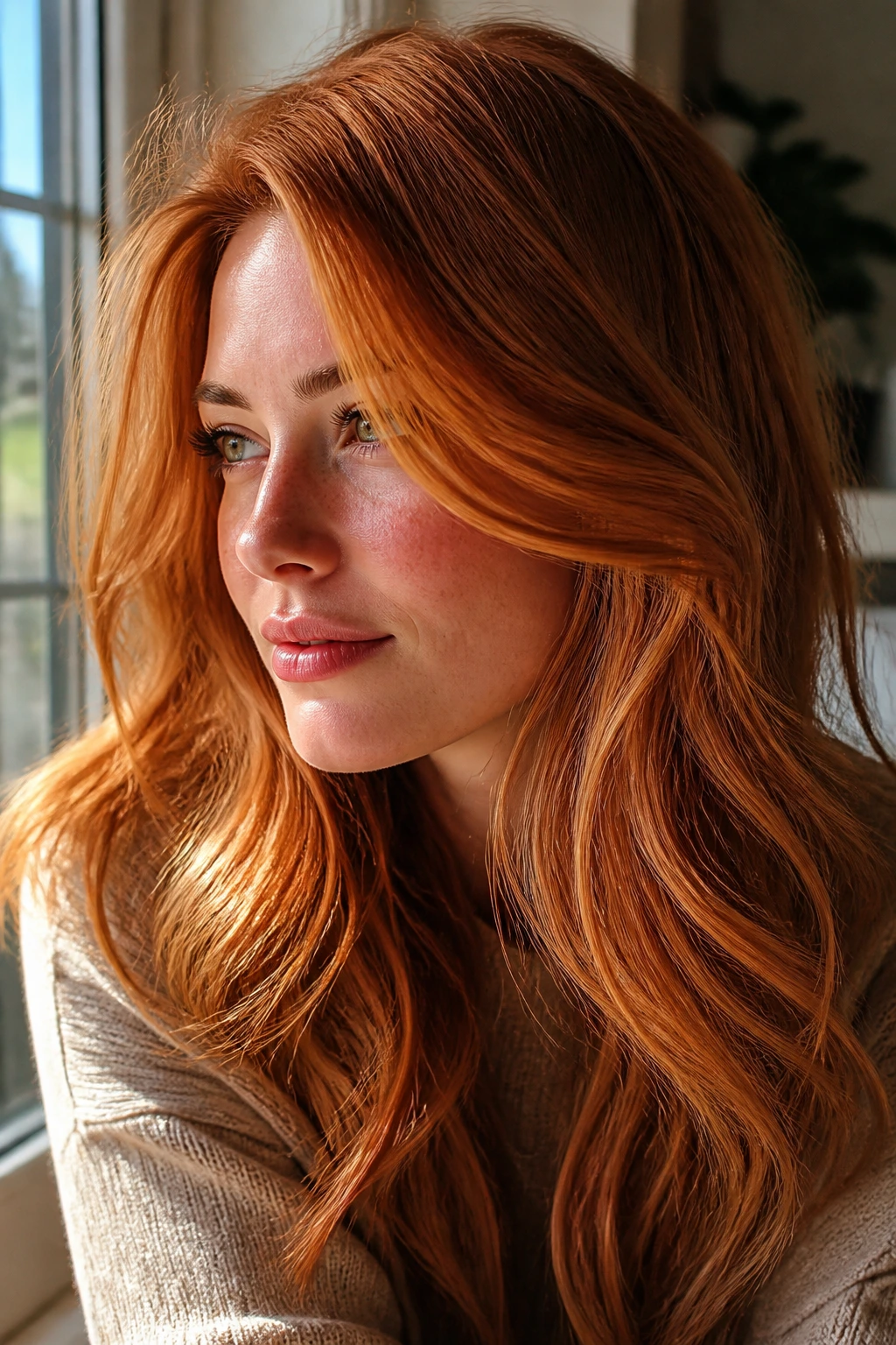 Close-up portrait of a real woman with copper-gold hair showing golden and copper highlights