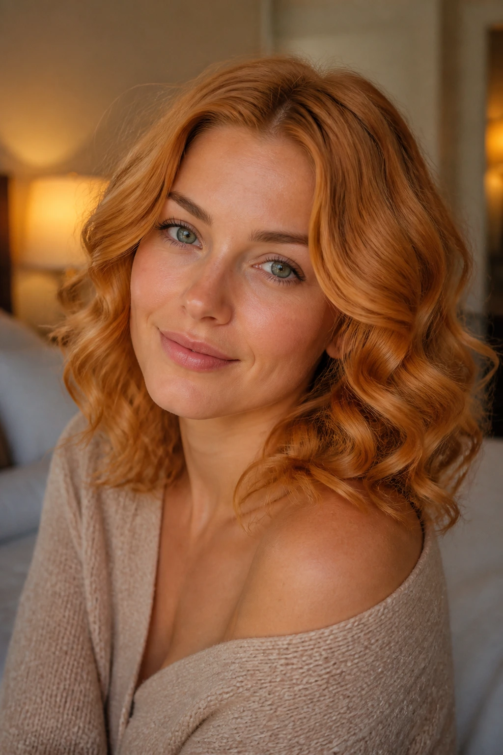 Close-up portrait of a real woman with golden copper hair and soft curls