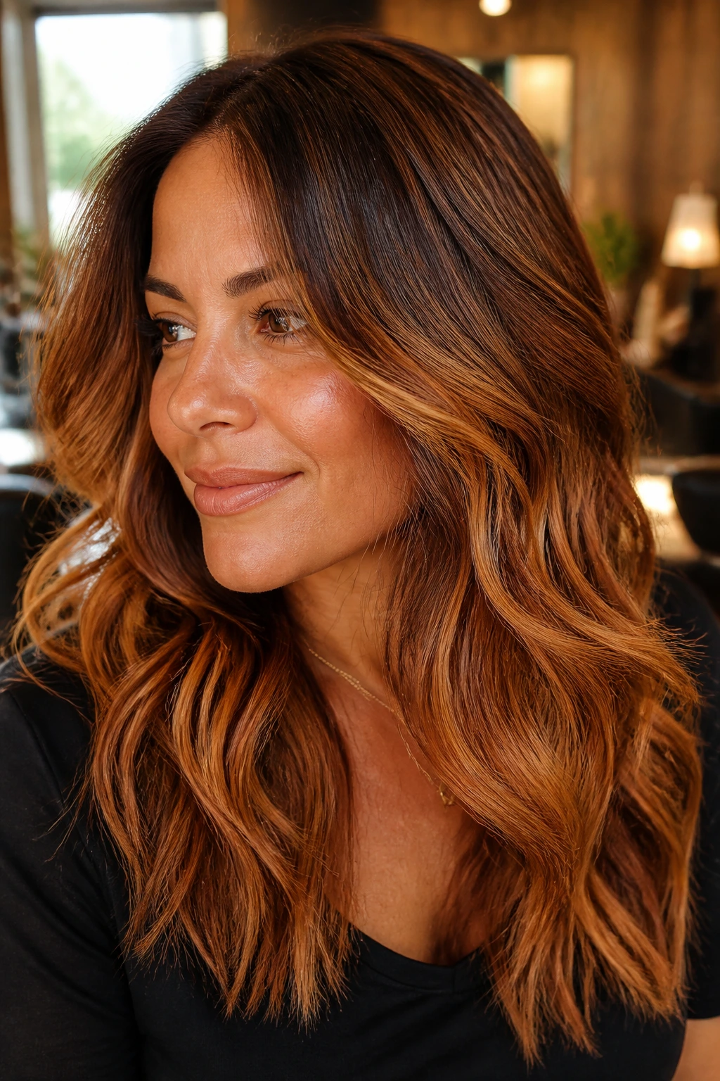 Close-up of golden copper foilayage on warm skin in a sunlit salon