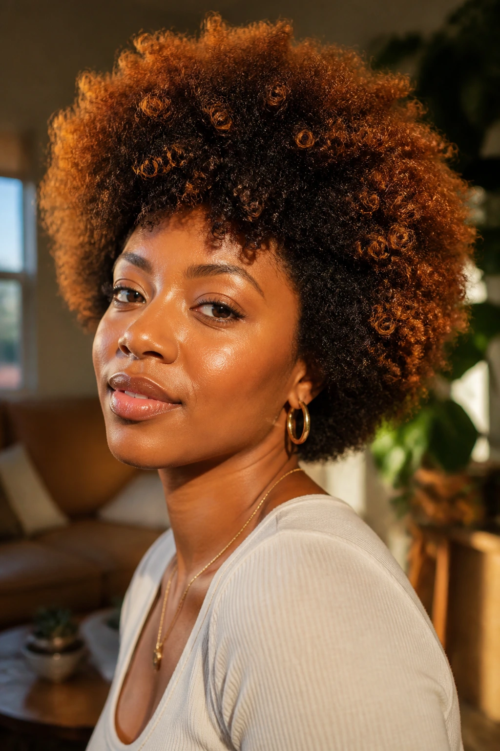 Close-up of a person with golden copper halo highlights on a fro