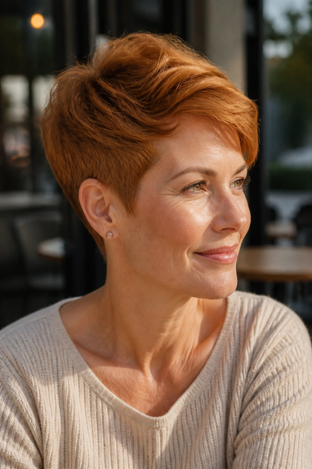 Close-up portrait of a person with golden copper tapered cut.